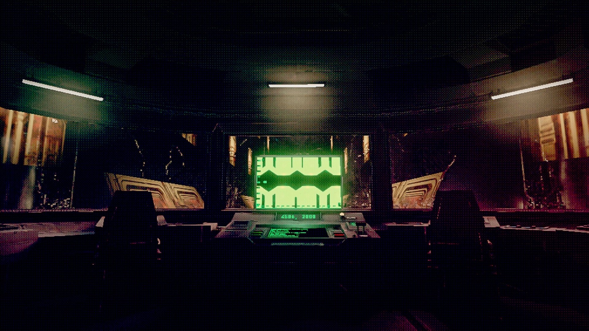 Echo 9: Green waveform monitor and control console in a dim shuttle cockpit with empty seats.