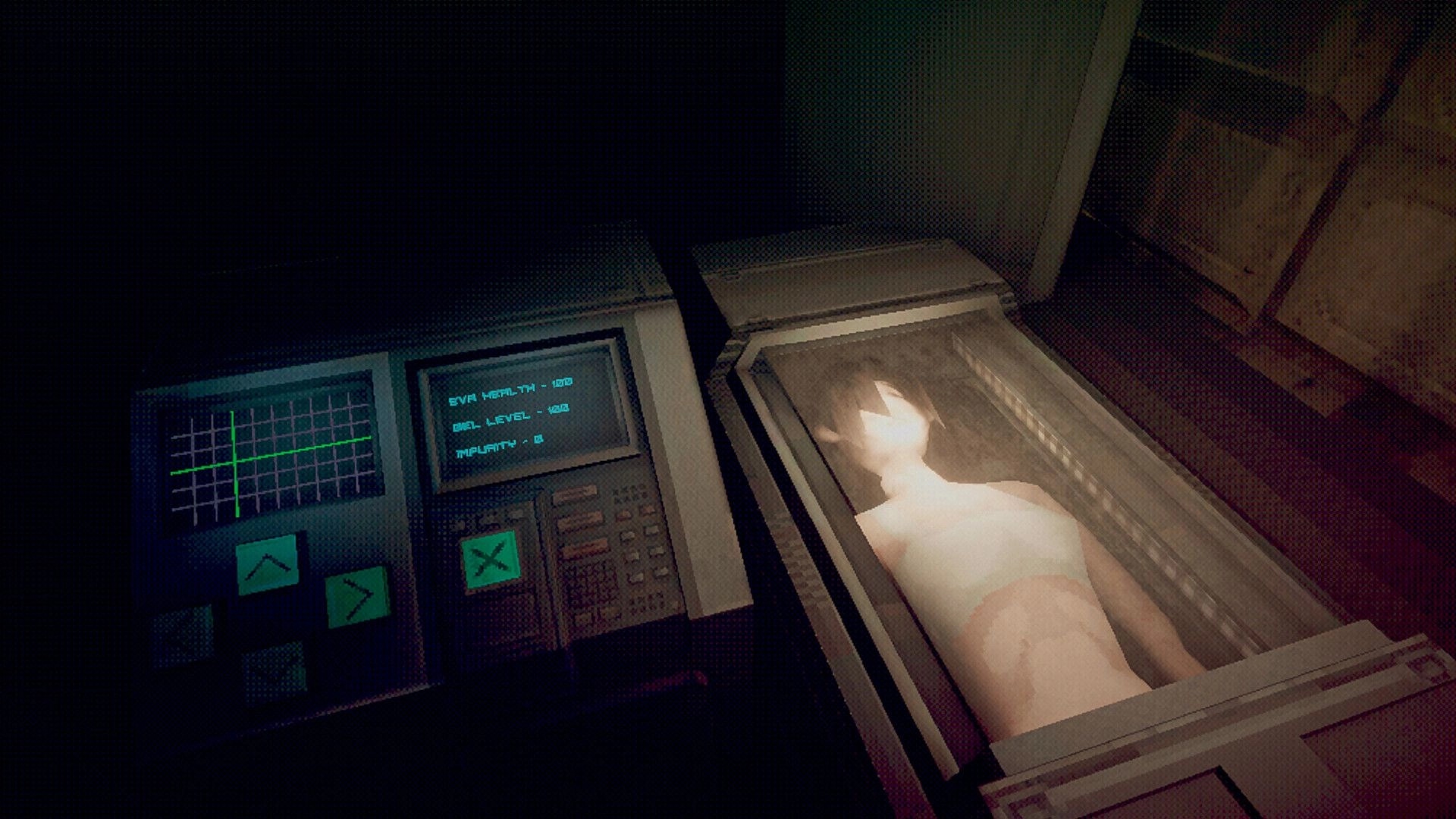 Echo 9: Stasis pod with Eva inside beside a monitor panel in a dim, grimy shuttle room.