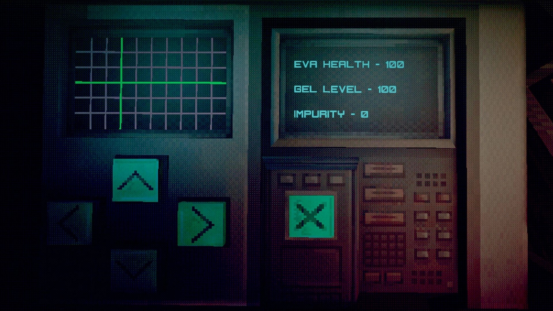Echo 9: Monitoring EVA stats on a terminal UI with grid display inside a dim shuttle control room.