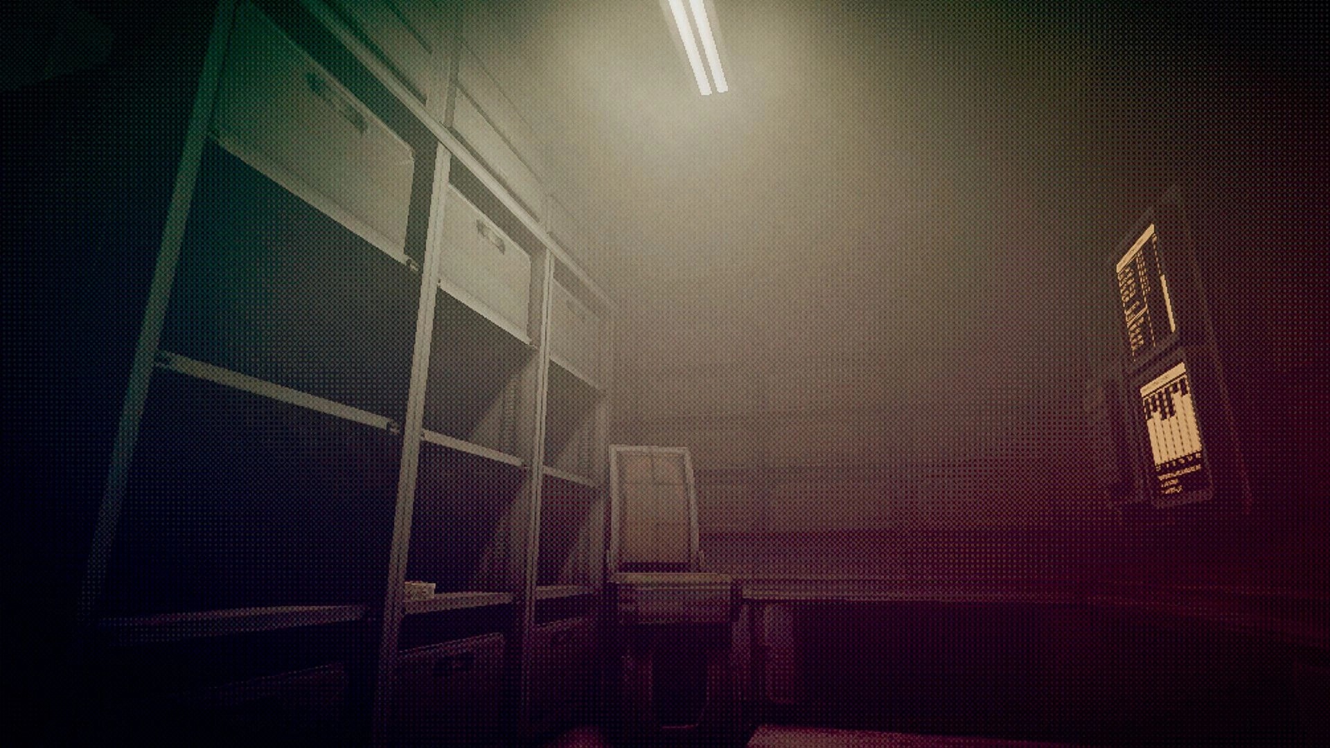 Echo 9: Dim storage room with tall metal shelves and hazy overhead lights, no HUD visible.