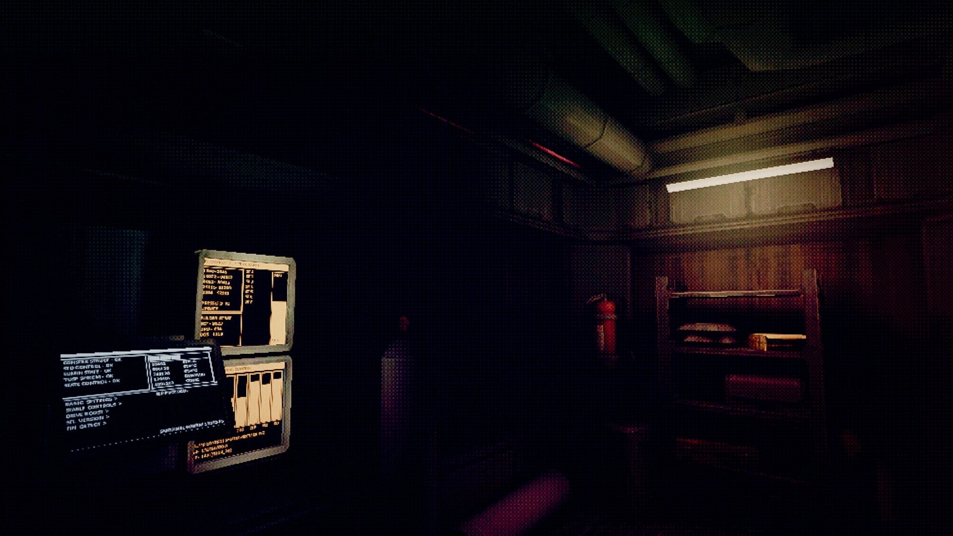 Echo 9: First-person view of flickering status monitors in a dim shuttle room with shelves and pipes.