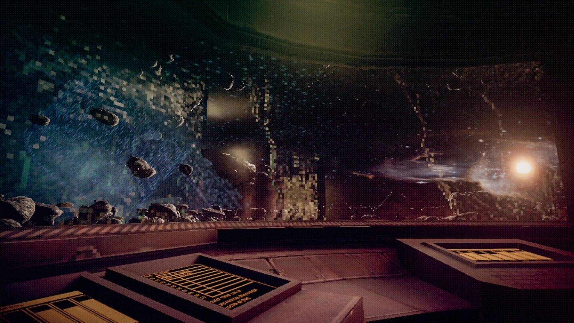 Echo 9: View through shuttle cockpit window at drifting asteroids and a bright star in deep space.