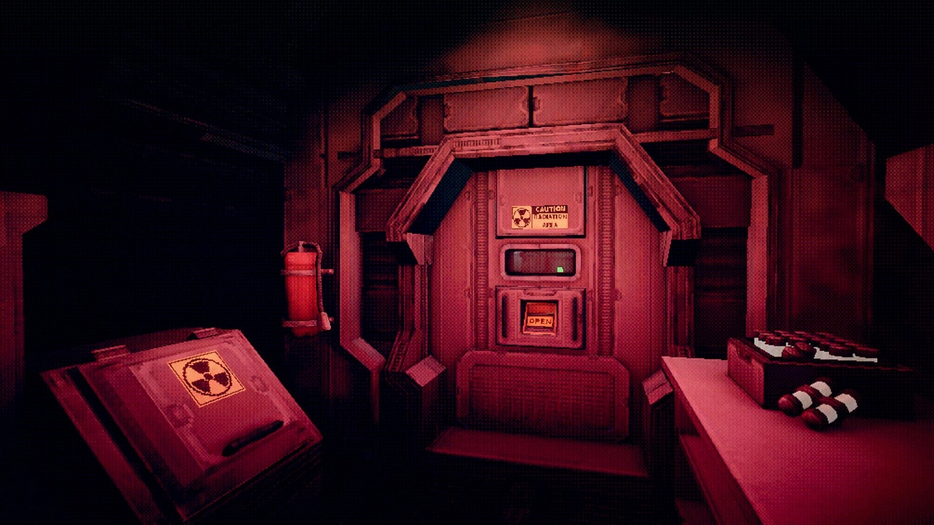 Echo 9: Radiation warning door with OPEN prompt in a red-lit shuttle corridor by hazard crates.