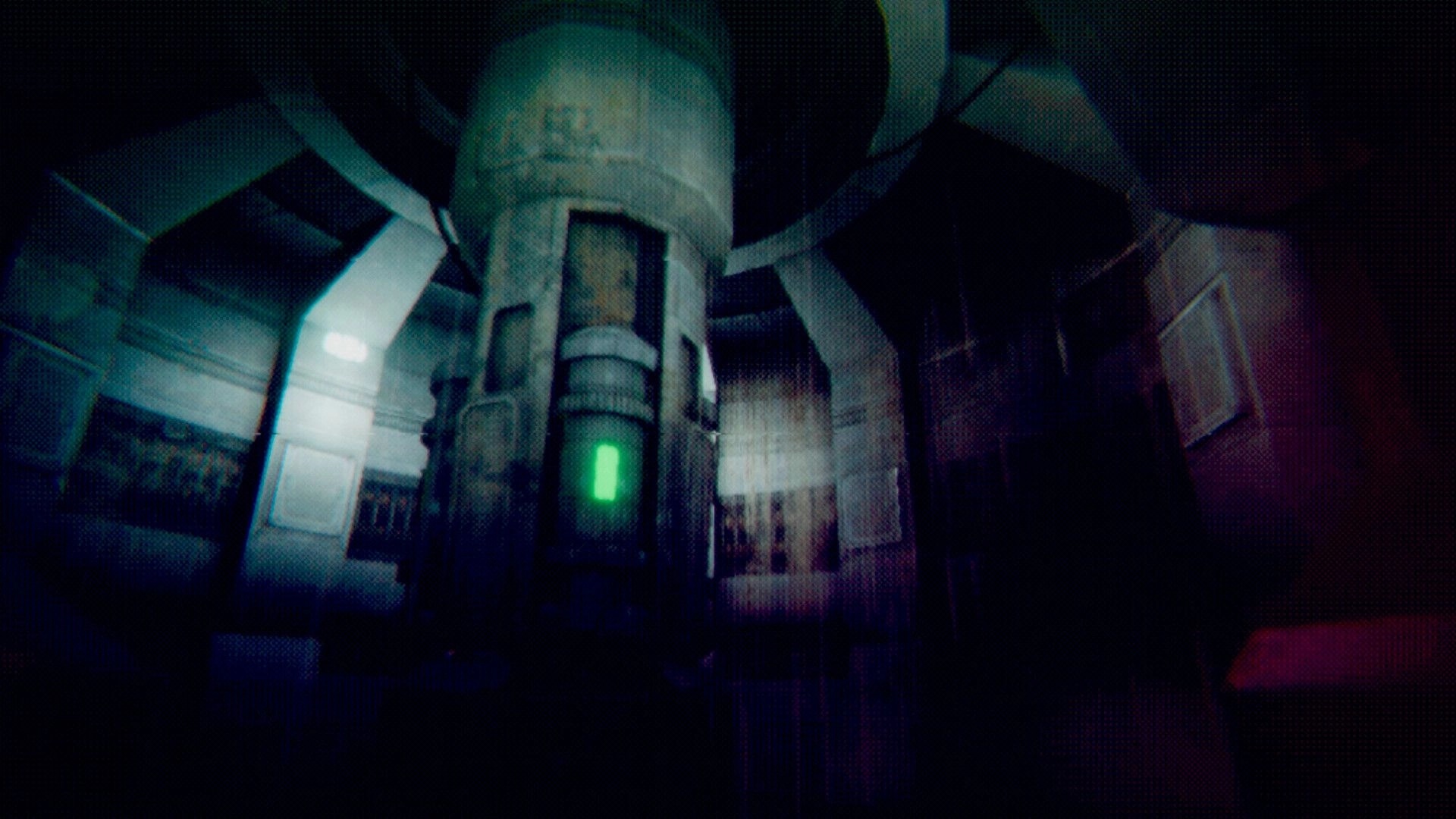 Echo 9: First-person view of a reactor core with green status light inside a dark shuttle room.