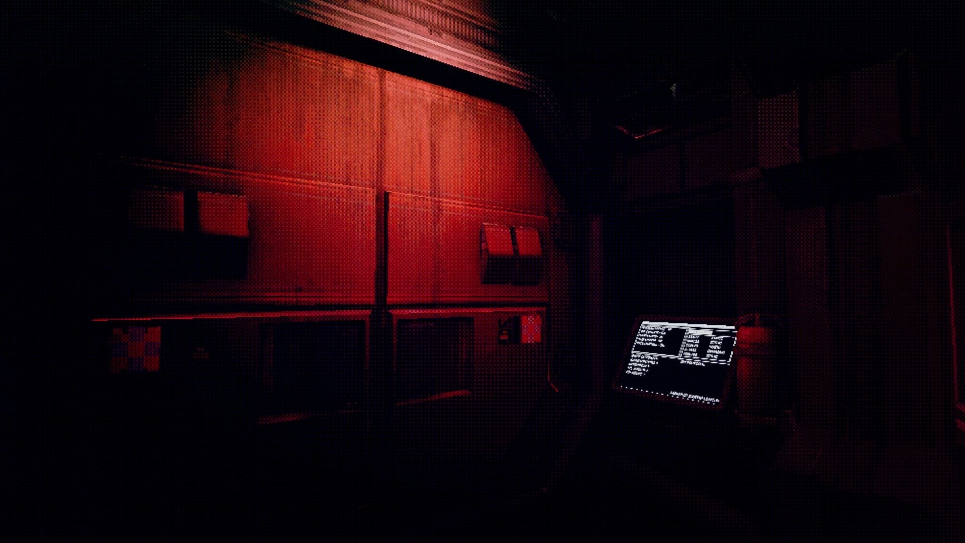 Echo 9: Red-lit engine room with large reactor tanks and a glowing status monitor on the right.