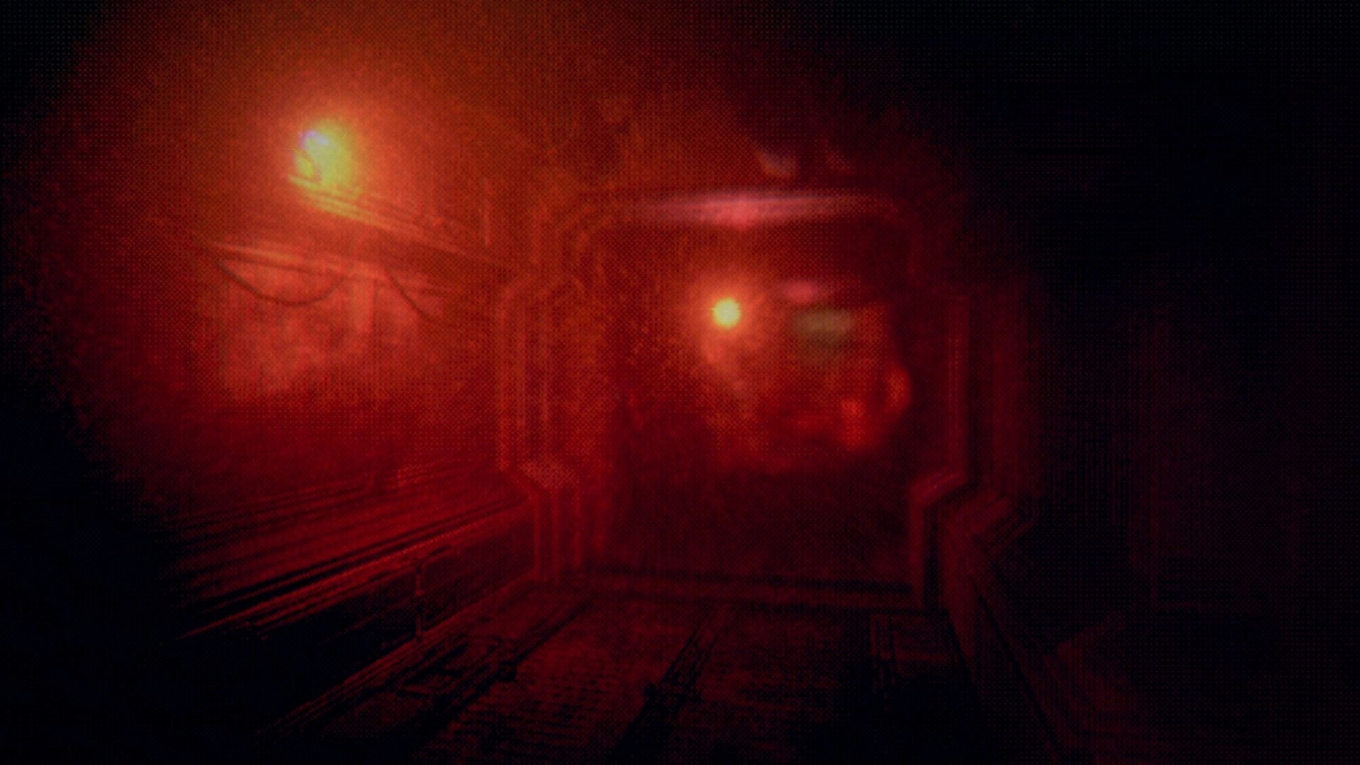 Echo 9: Blurred first-person view down a red-lit metal corridor with pipes and warning lights on walls.
