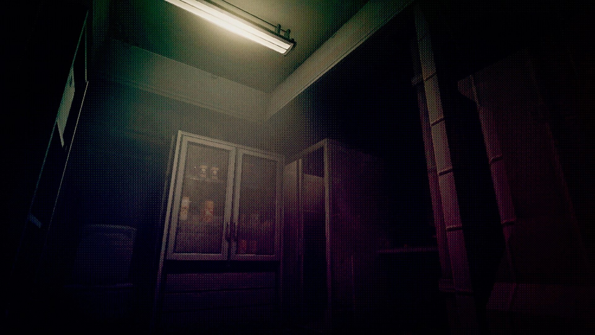 Echo 9: First-person view of a dim utility room with lockers and a fluorescent ceiling light overhead.