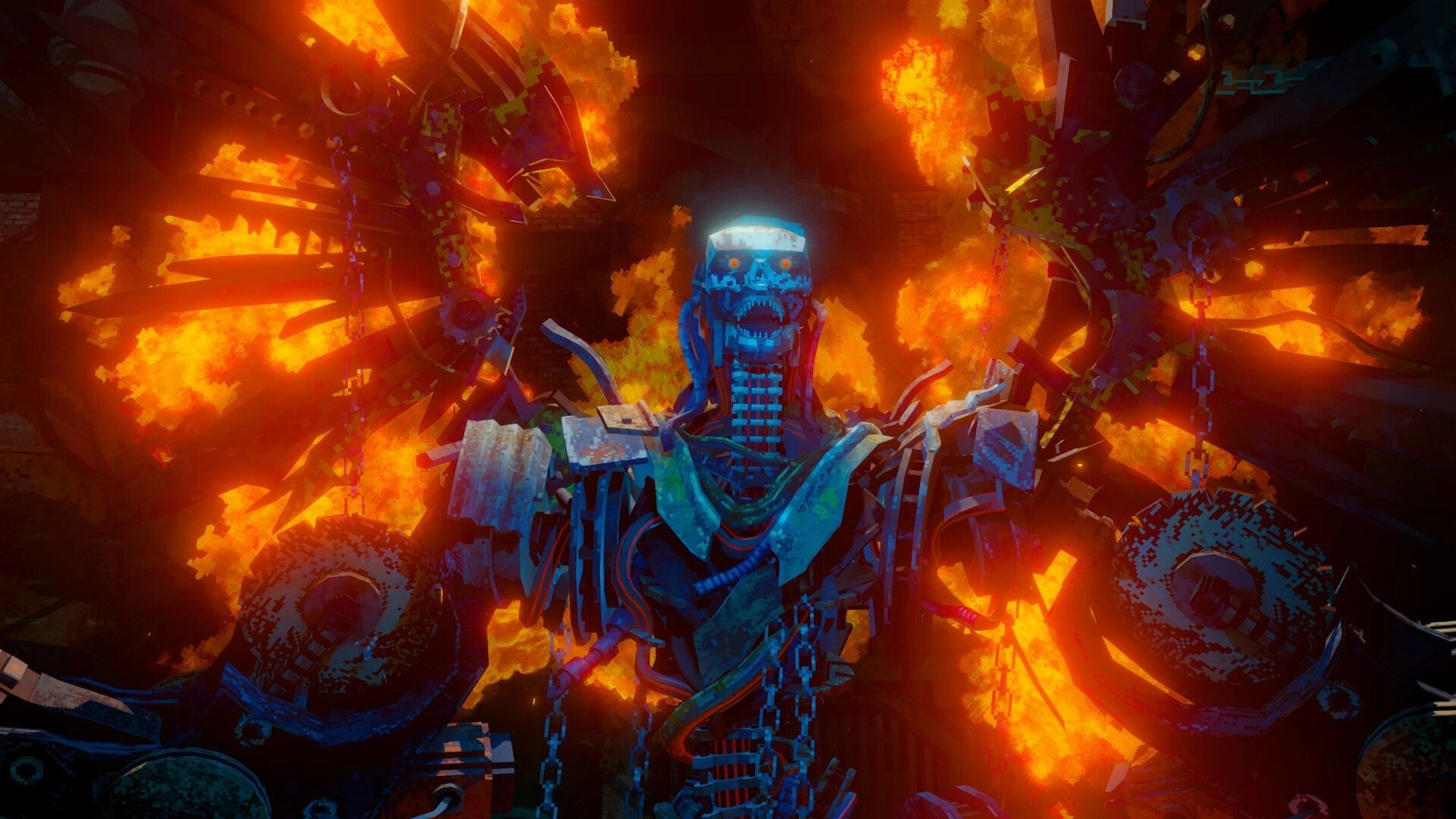 Echo Generation 2: Glowing robotic skeleton boss framed by spinning turbines and chains in a fiery chamber.