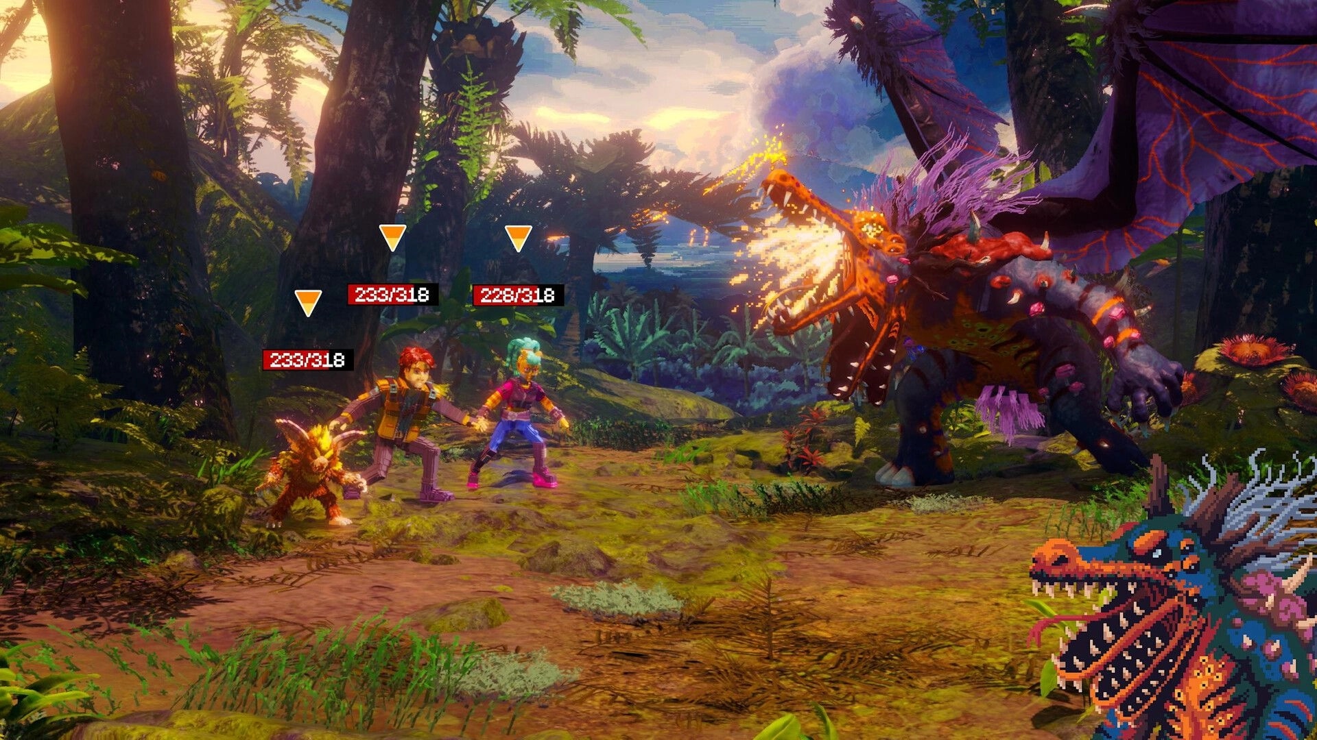 Echo Generation 2: Turn-based battle with two heroes vs roaring monster, HP bars in jungle clearing.