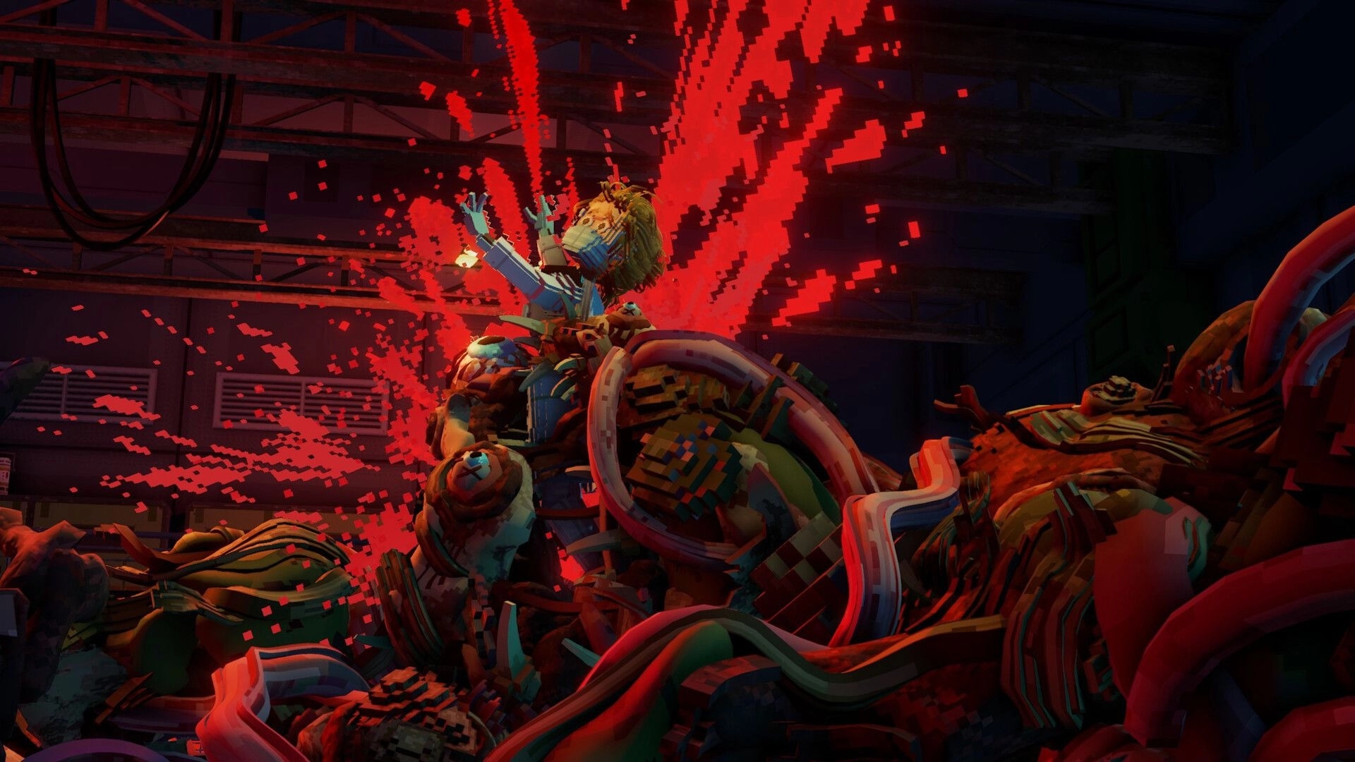 Echo Generation 2: Android enemy bursts into red pixels in a dark industrial hangar battle scene.