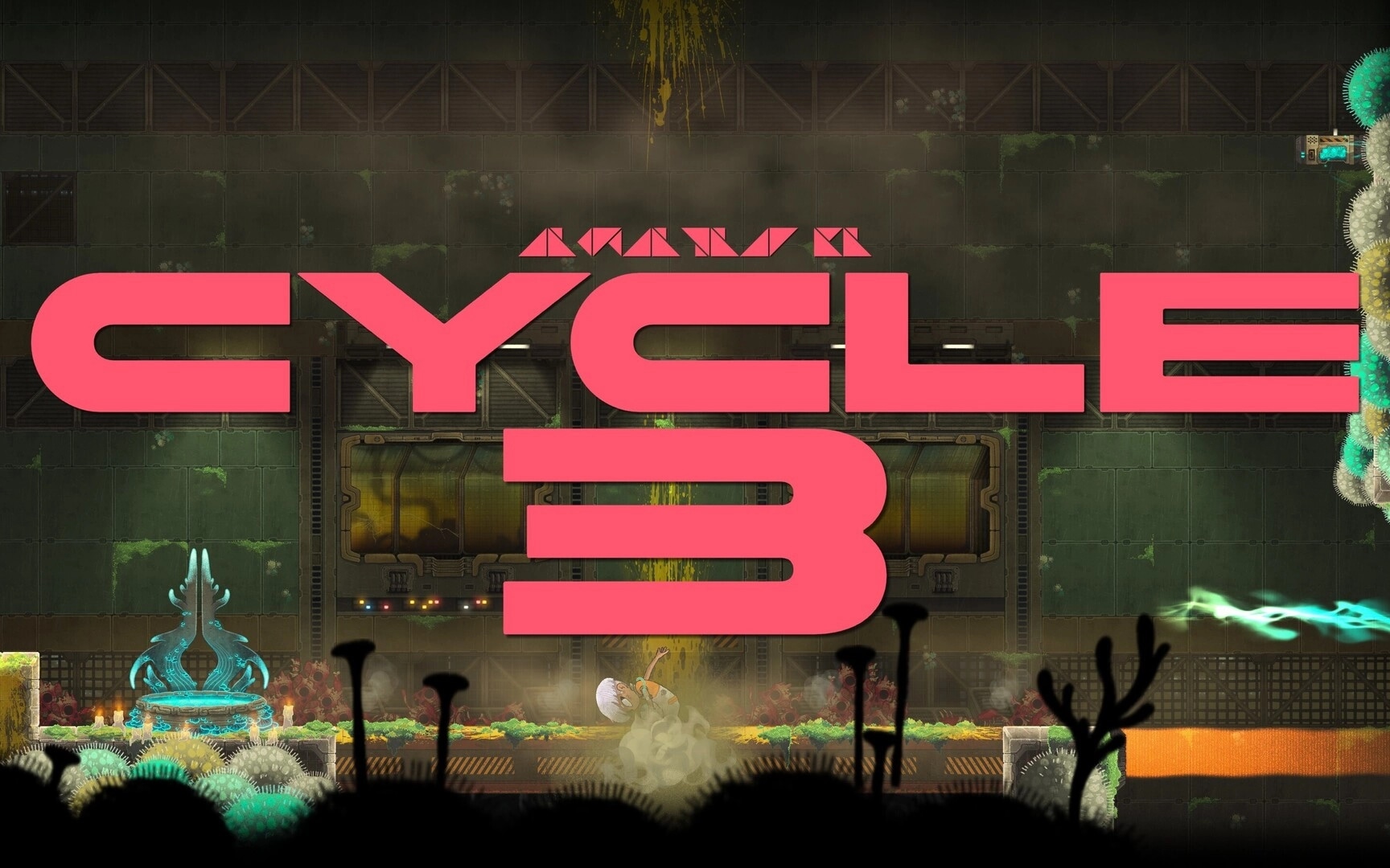 Echo Weaver: Large "Cycle 3" text over a lush, industrial landscape with glowing machinery.