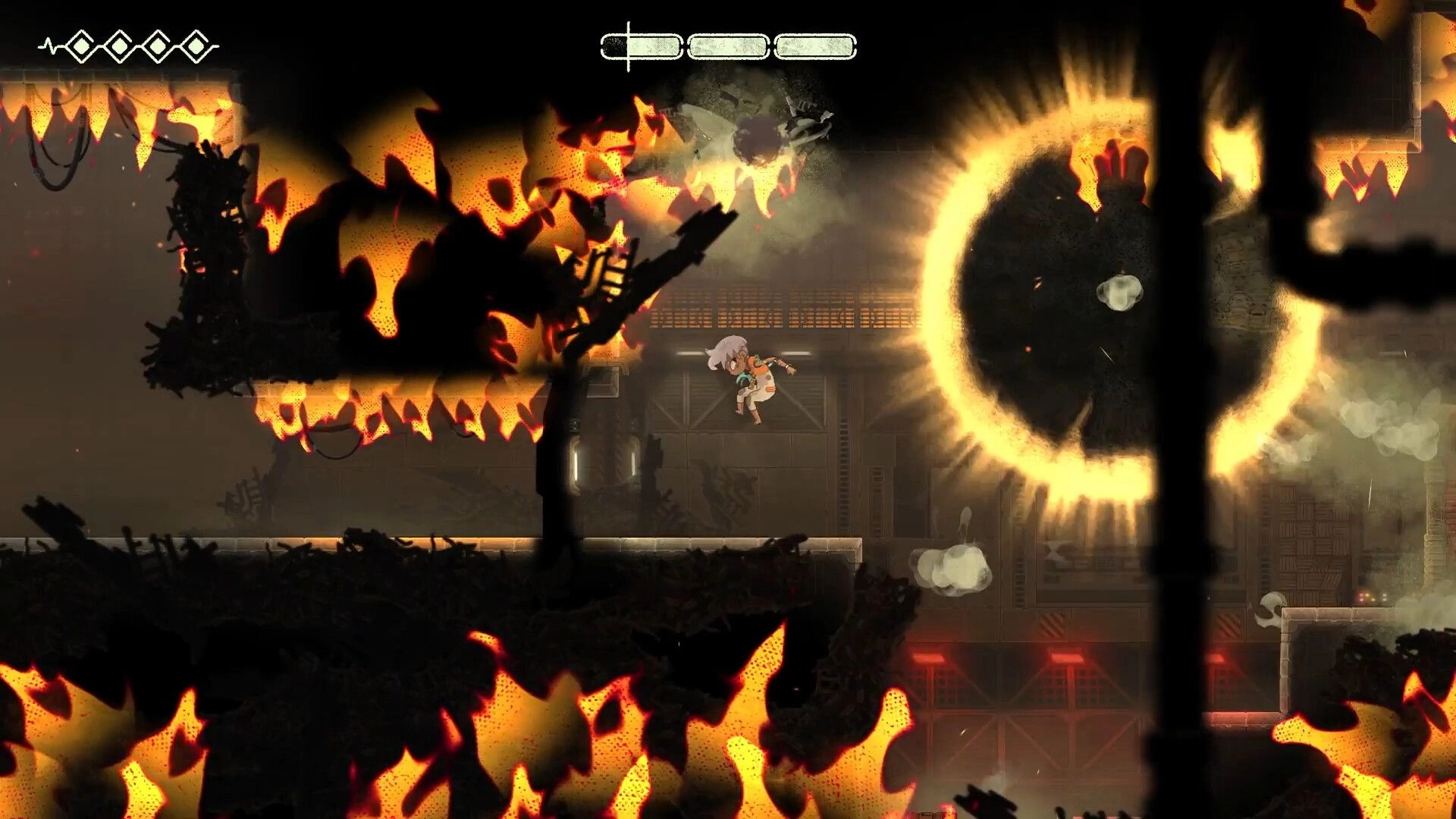 Echo Weaver: Character jumping over fire in industrial area with eclipse and health bar visible