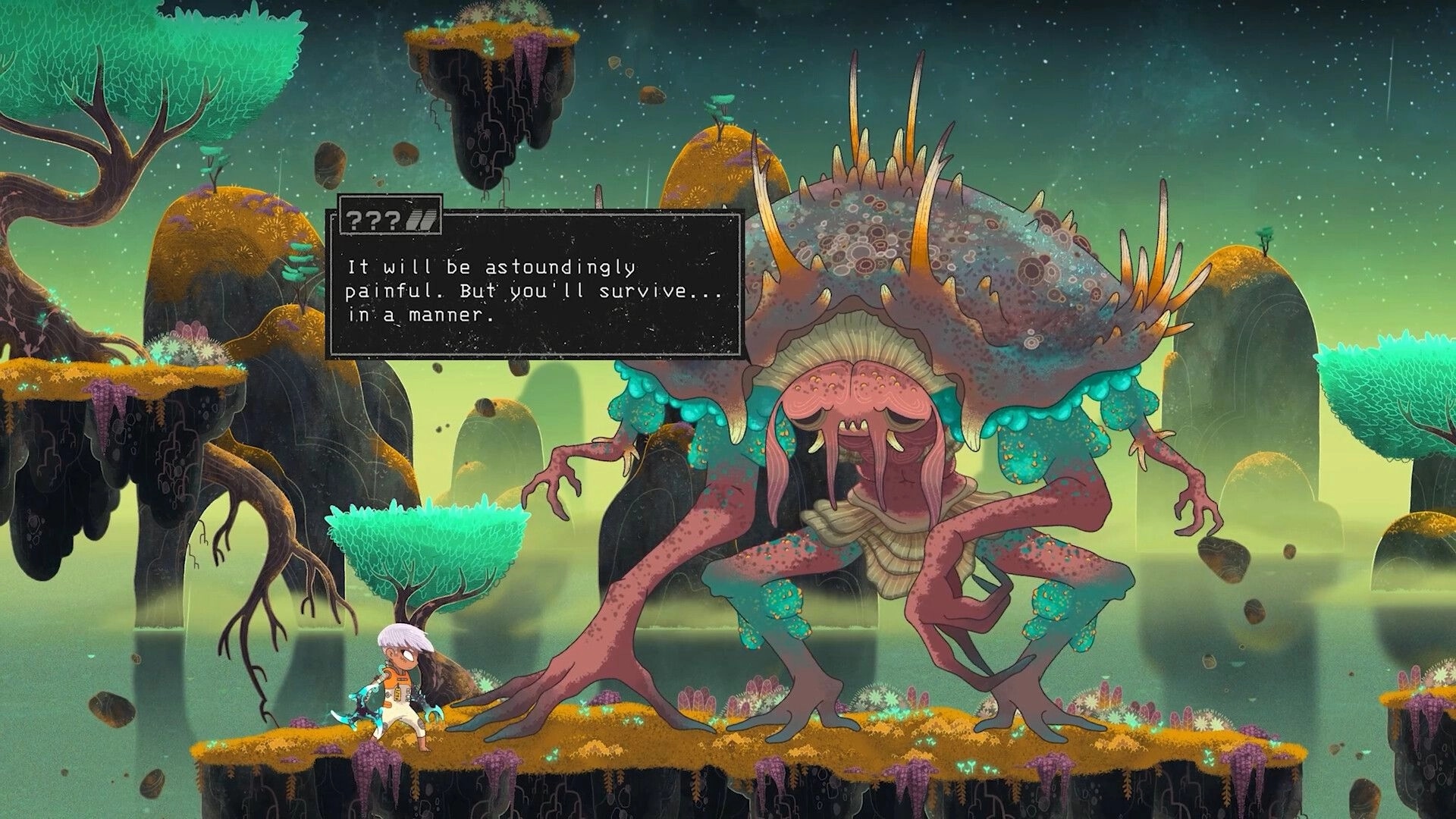 Echo Weaver: Confronting a giant creature in a vibrant, floating island landscape with dialogue box visible.