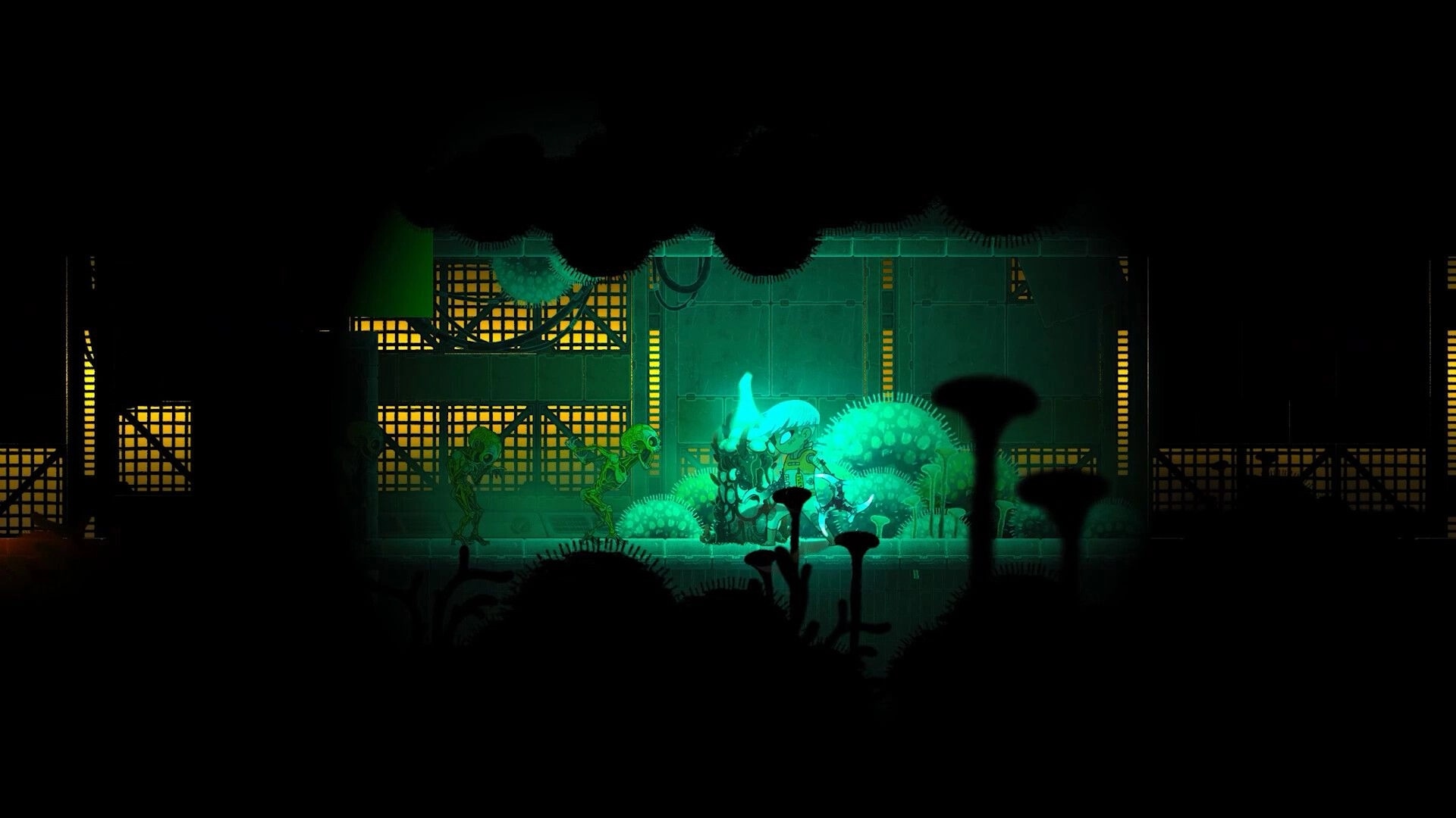 Echo Weaver: Exploring dimly lit corridor with eerie creatures and glowing plants in underground facility