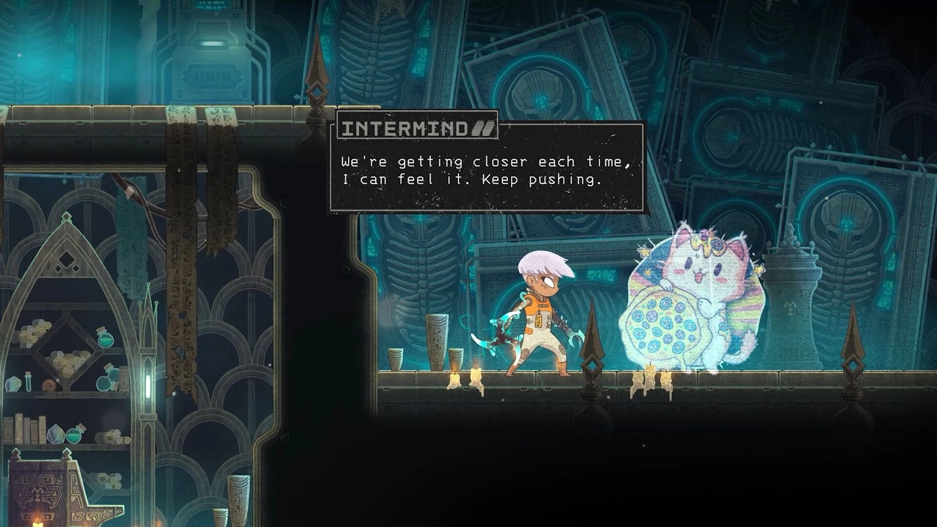 Echo Weaver: Character dialogue with glowing companion in ancient library filled with scrolls and artifacts