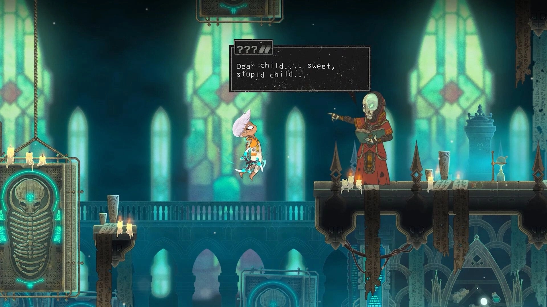 Echo Weaver: Character dialogue with hooded figure in ancient cathedral setting, glowing symbols around.