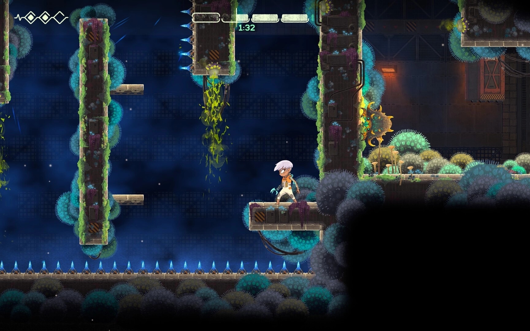 Echo Weaver: Character navigates platforming section with spikes and overgrown structures in a dark cave.