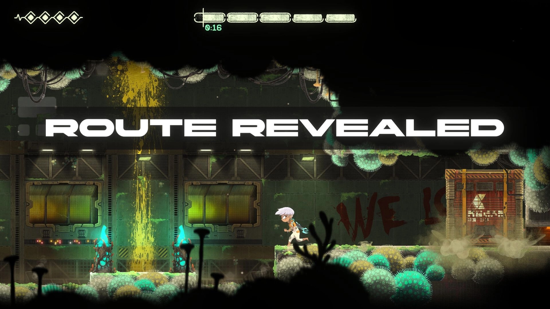 Echo Weaver: Character running in industrial corridor with "ROUTE REVEALED" text and timer above