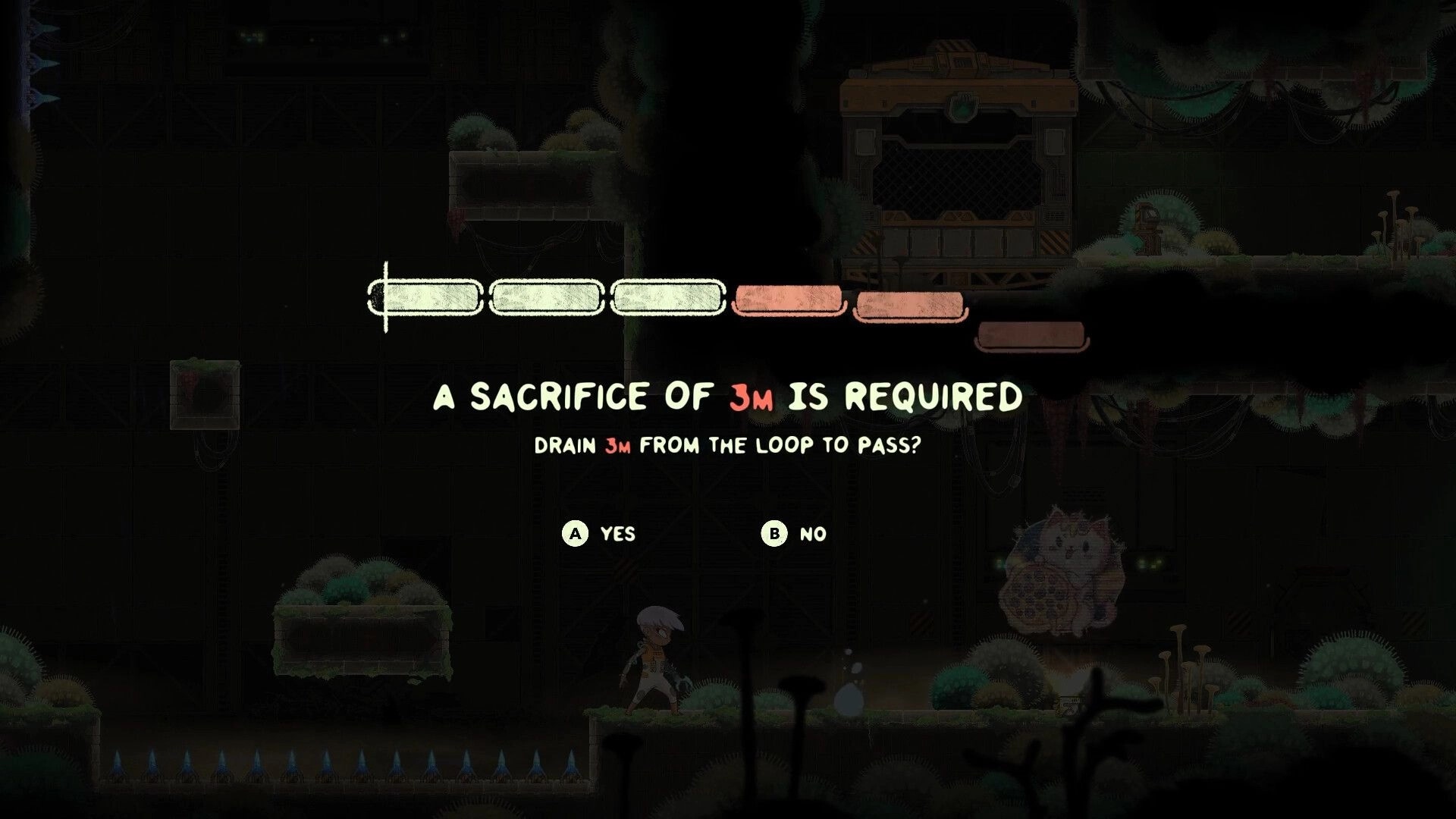 Echo Weaver: Decision screen with sacrifice prompt and options to drain 3M from the time loop in a cave.
