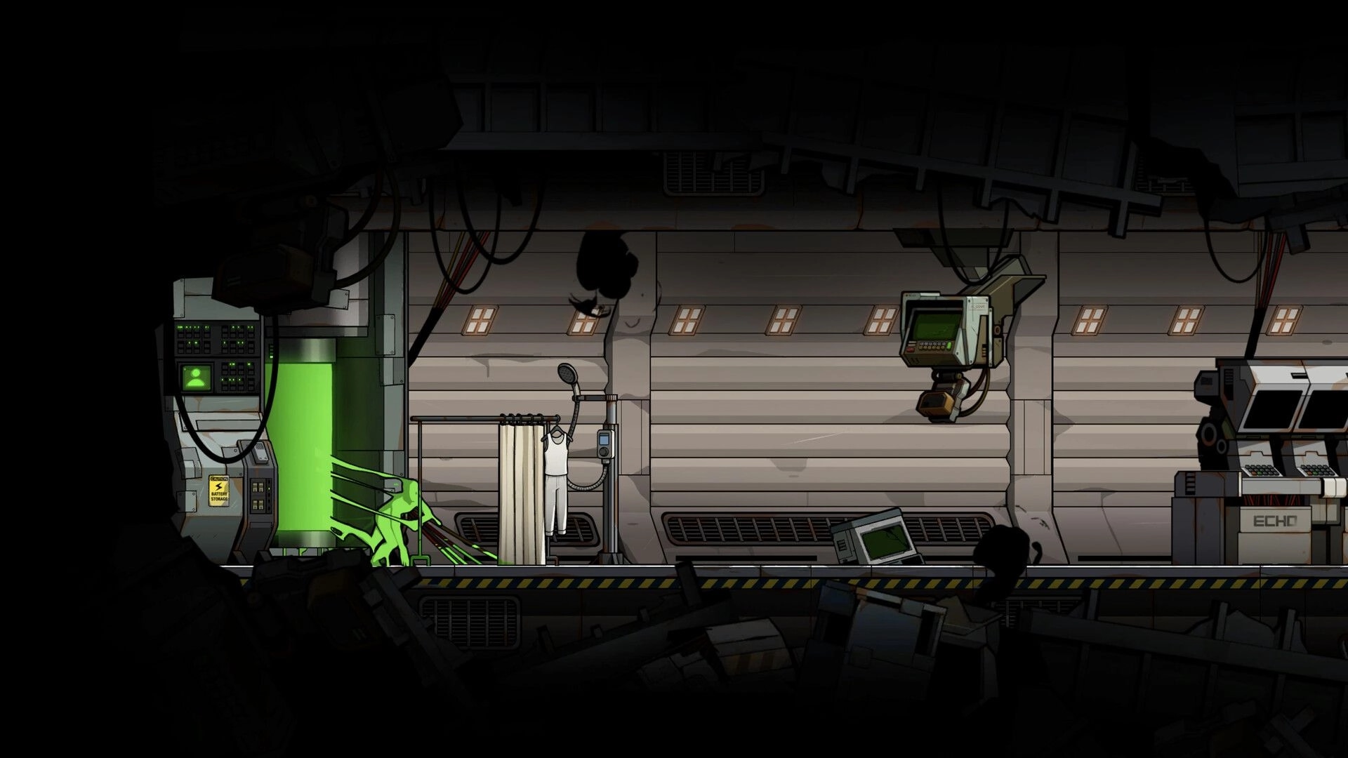 Echo Zero: Green-lit lab room with shower stall, hanging monitors, and tangled cables in a bunker base.