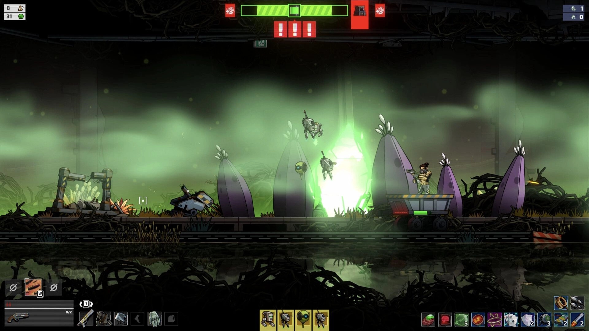 Echo Zero: Player aims rifle from a mining cart amid alien pods and green fog in underground tunnel.