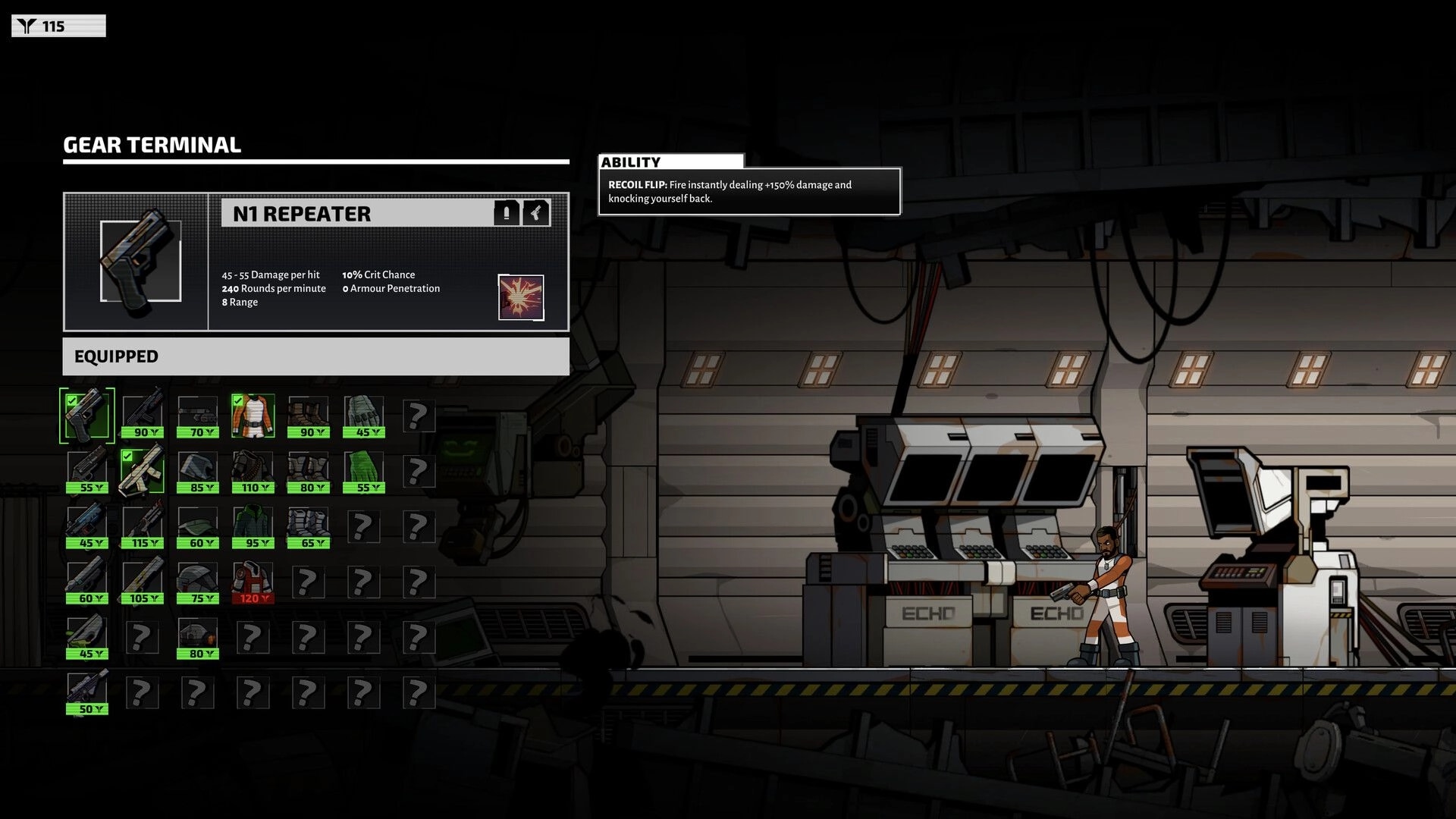 Echo Zero: Gear Terminal inventory open on N1 Repeater stats while a soldier stands in base corridor.