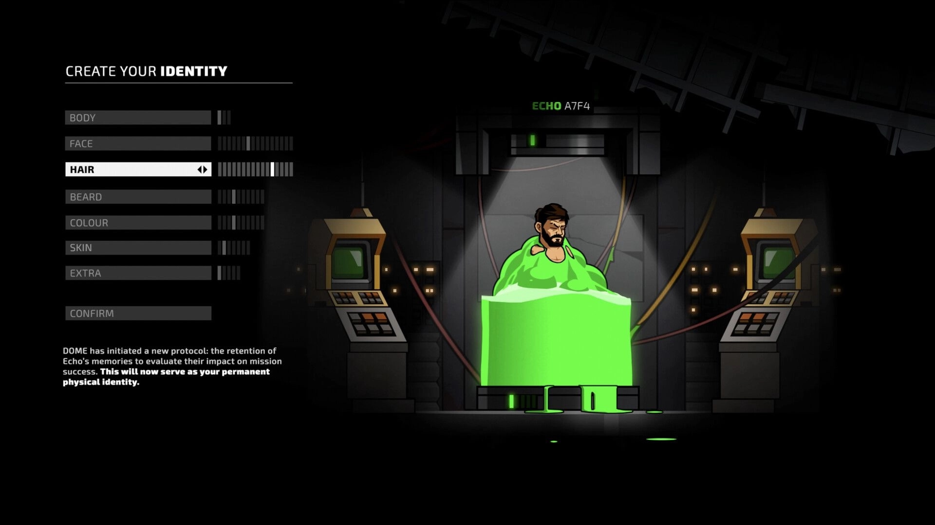Echo Zero: Create your identity menu with hair option selected beside a character in a green pod lab.