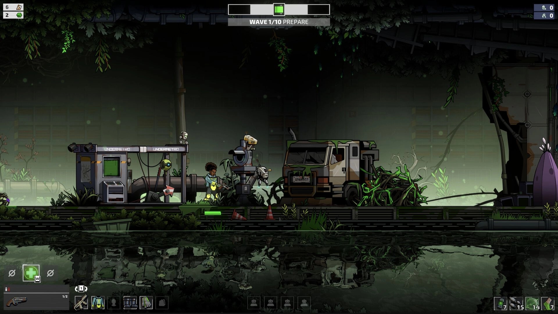 Echo Zero: Player aims rifle by a turret and droid near a truck in overgrown metro base, wave prep UI.