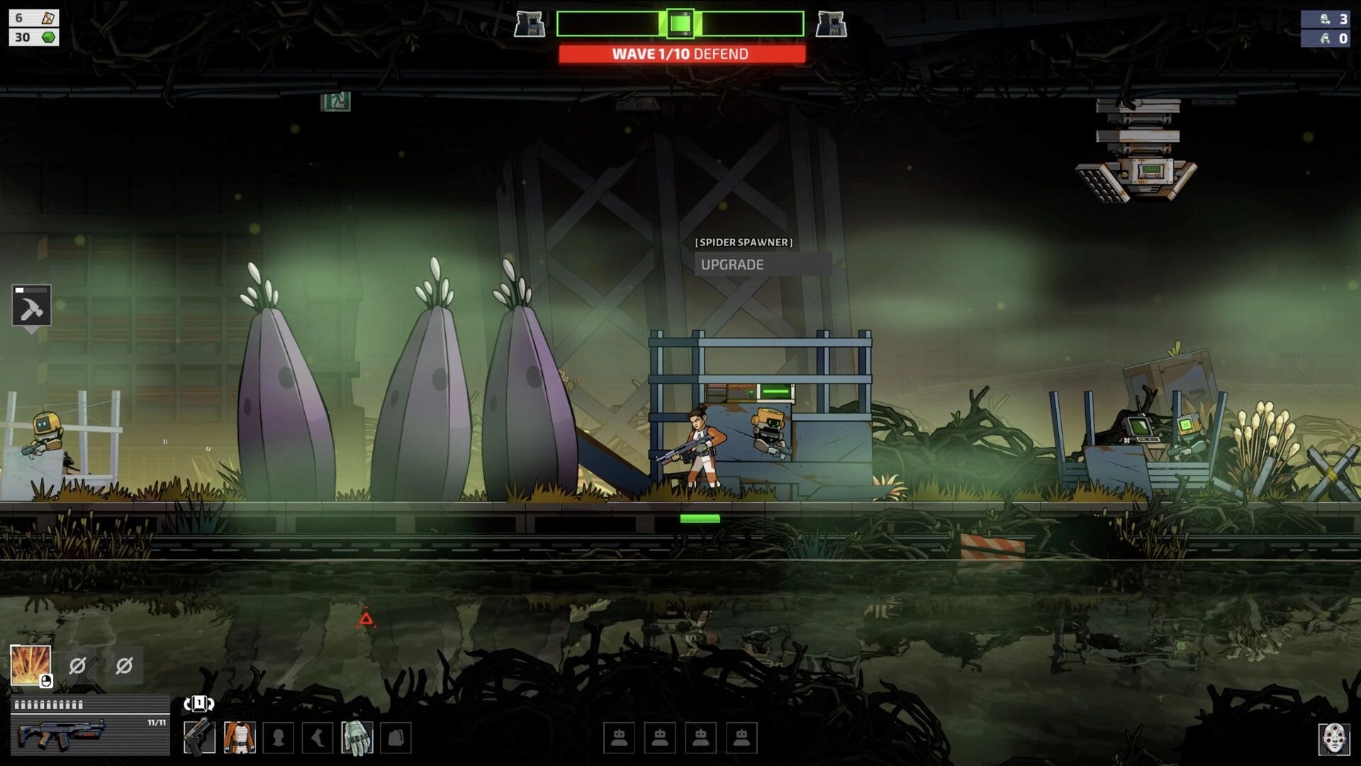 Echo Zero: Player with rifle defends base as Wave 1/10 starts in foggy underground scrapyard bunker.