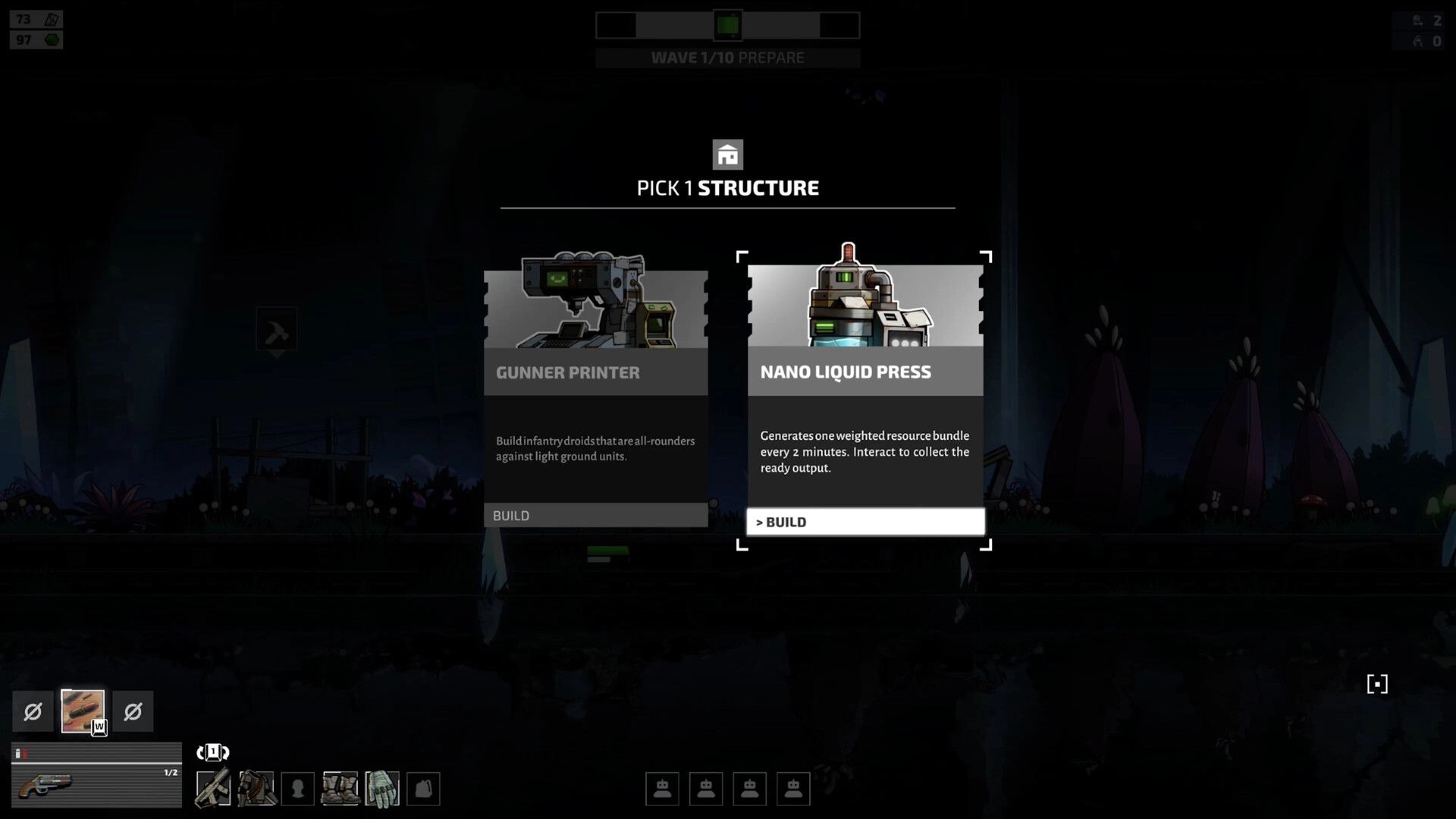 Echo Zero: Pick 1 Structure menu selecting Nano Liquid Press or Gunner Printer in dark cavern base area.