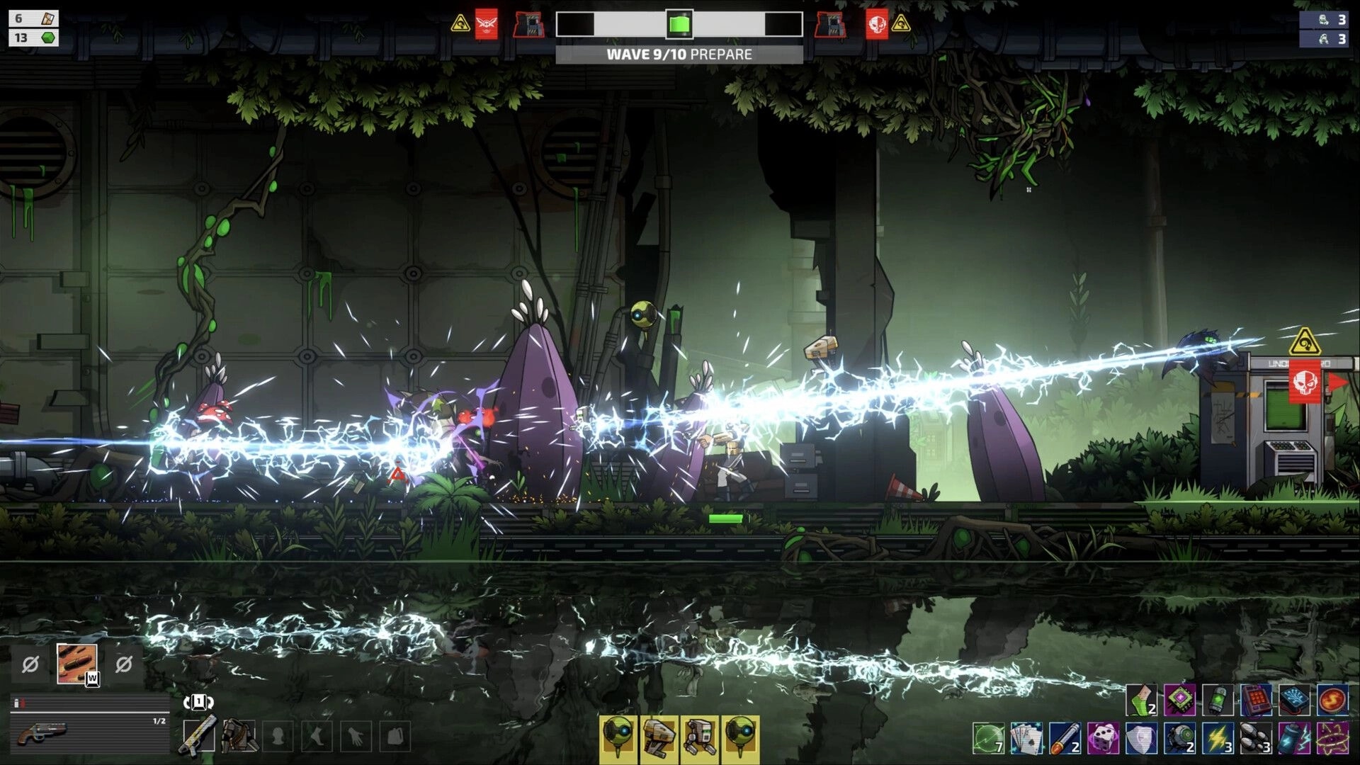 Echo Zero: Electric beam turret fires across overgrown facility as Wave 9/10 prepare UI and hotbar show.