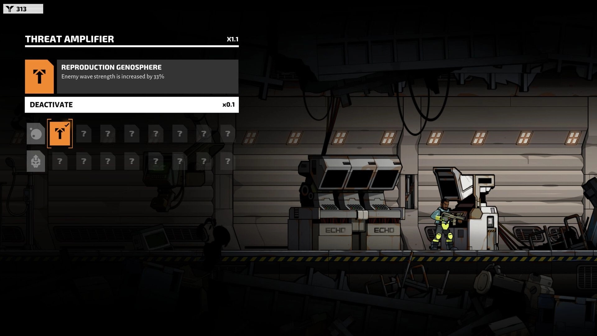 Echo Zero: Threat Amplifier menu open as an armed worker stands in a dim industrial base corridor.