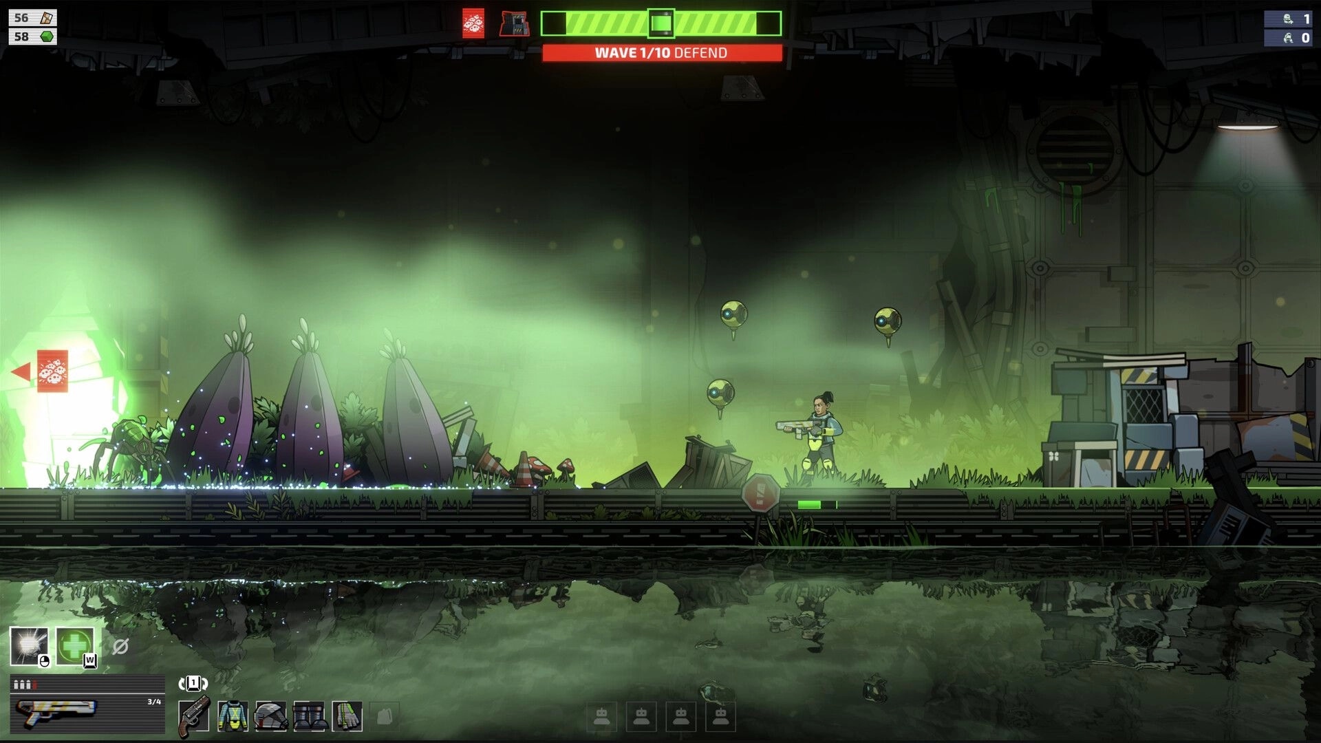 Echo Zero: Soldier aims rifle as droid orbs hover in toxic green fog inside an industrial tunnel base.