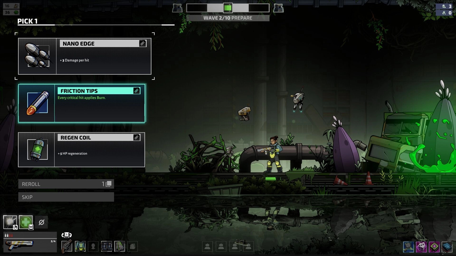 Echo Zero: Upgrade pick menu during Wave 2 prepare, soldier with droids in overgrown ruins.