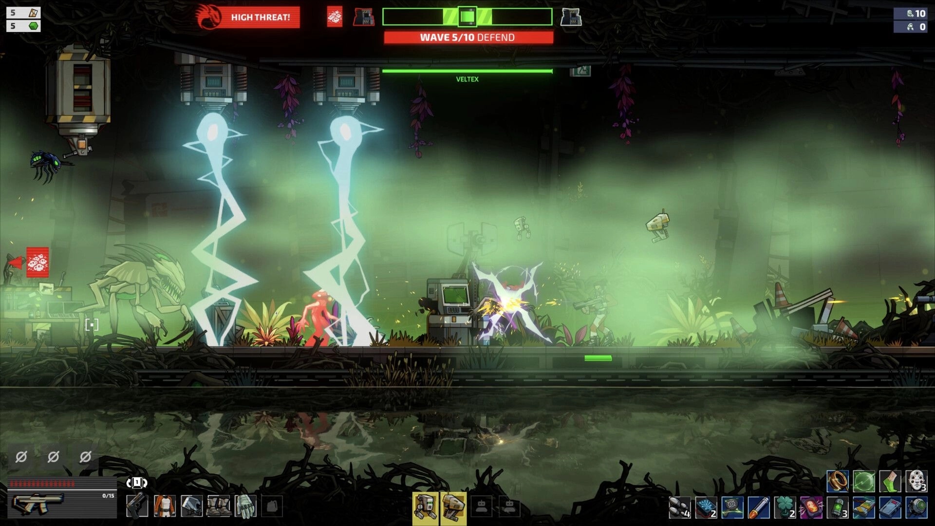 Echo Zero: Defend wave 5/10 as lightning strikes and turrets fire in a foggy alien tunnel base.
