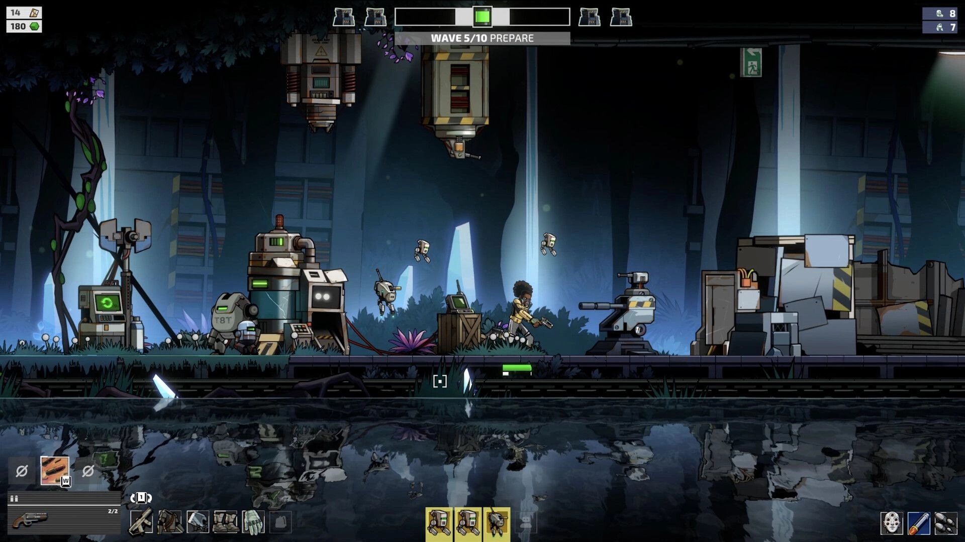 Echo Zero: Wave 5/10 prepare as player and droids defend a forest base with turrets and machines.