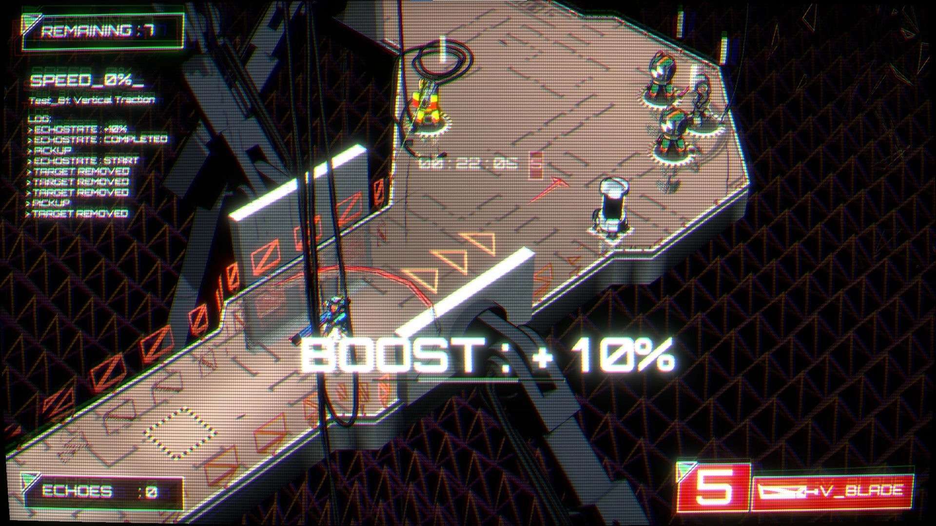 Echobreaker: Isometric rig on metal walkway with BOOST +10%, speed log, and enemy targets ahead.