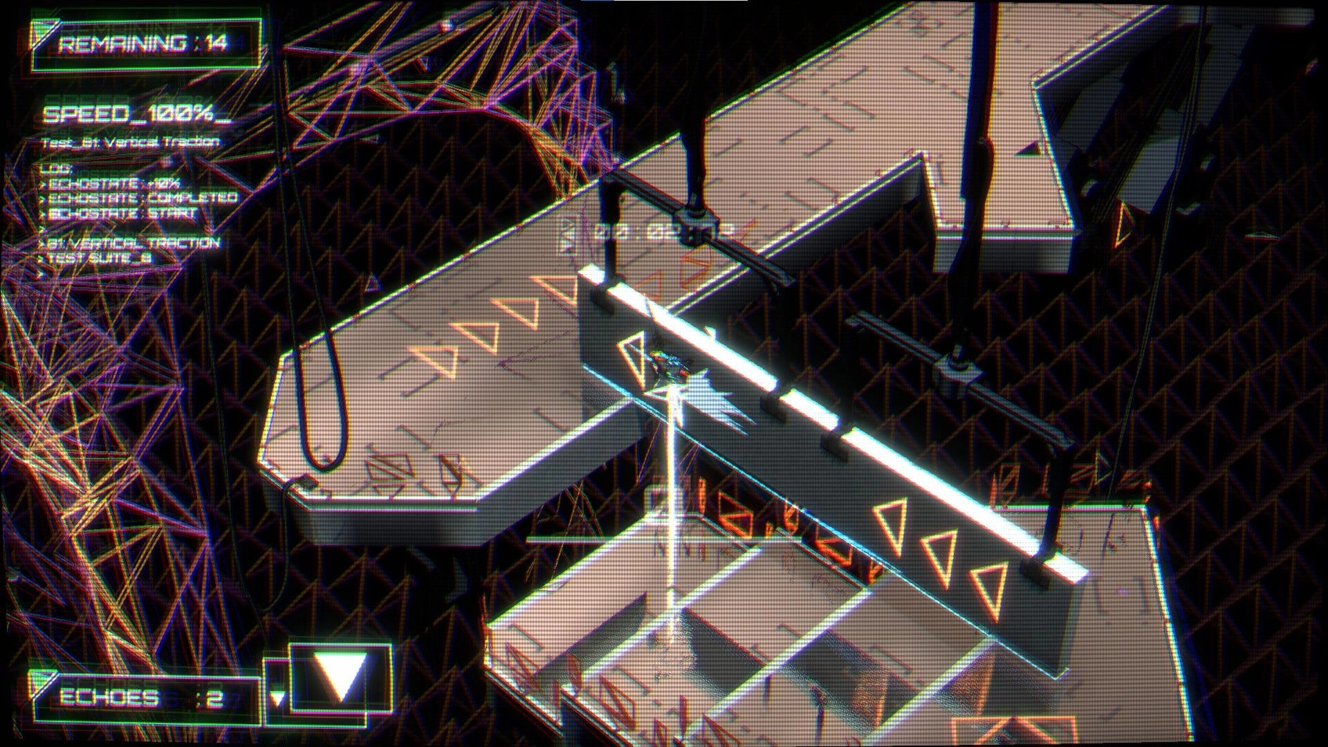 Echobreaker: Armoured rig dashes along neon platforms, HUD shows speed 100% and echoes remaining 14.