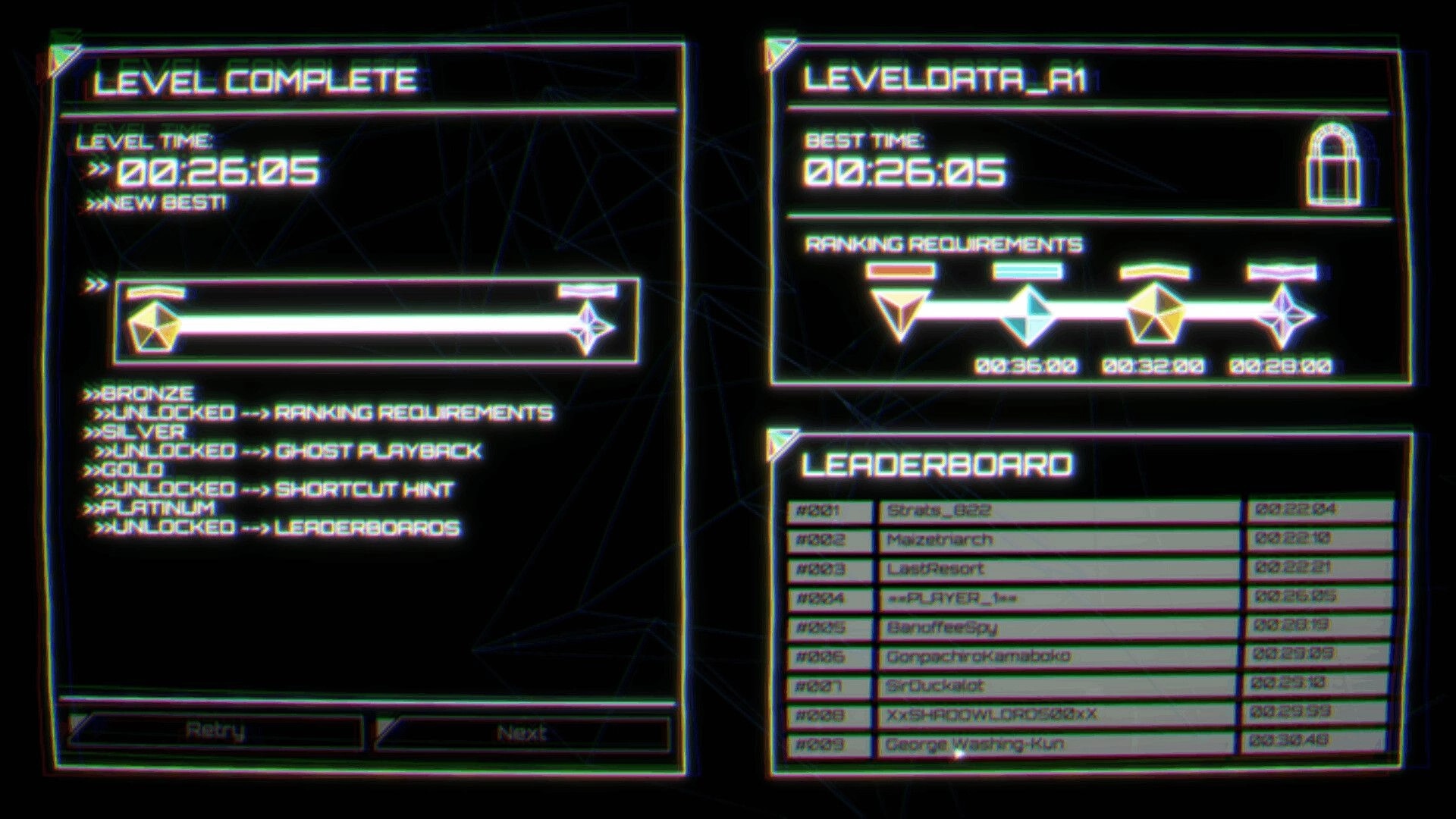 Echobreaker: Level complete results screen with best time 00:26:05, rank goals and leaderboard panel.
