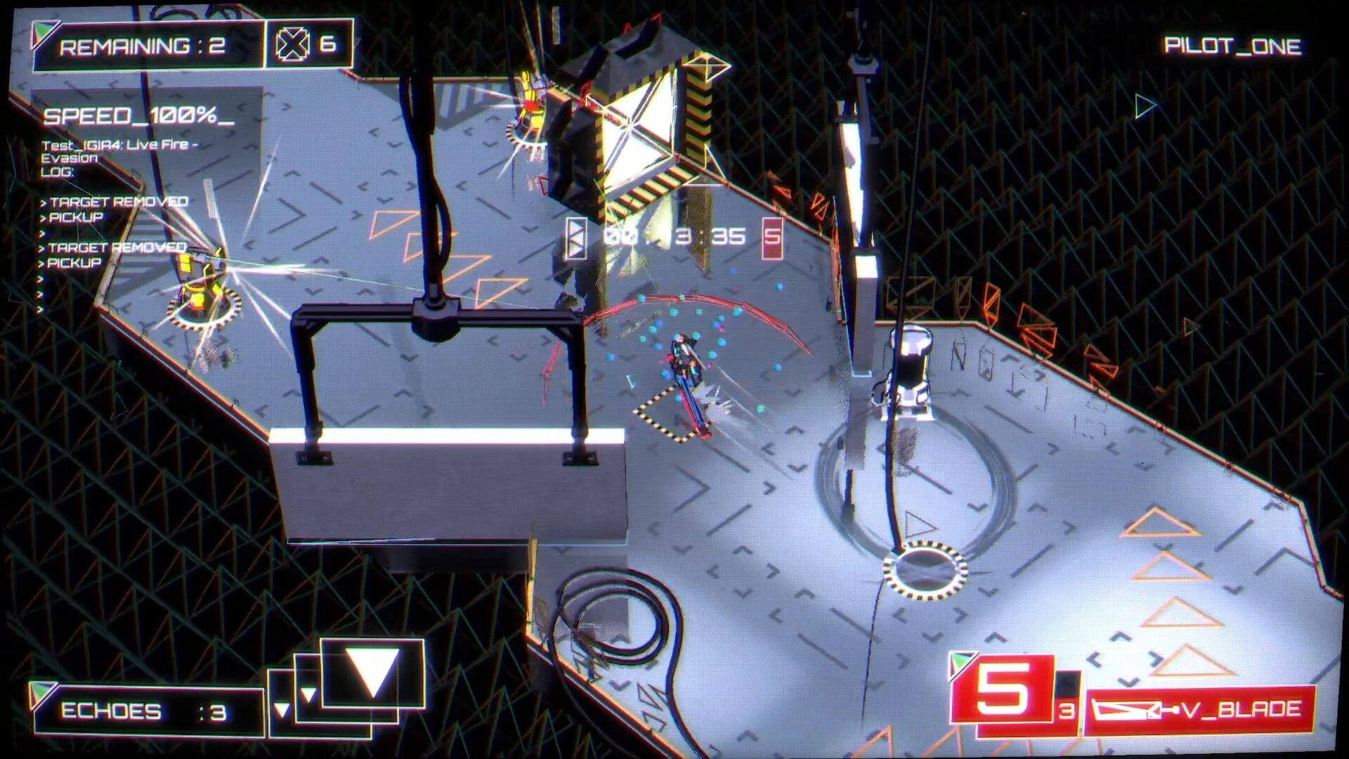 Echobreaker: Top-down rig dashing across a metal platform, HUD shows SPEED 100% and V_BLADE 5.