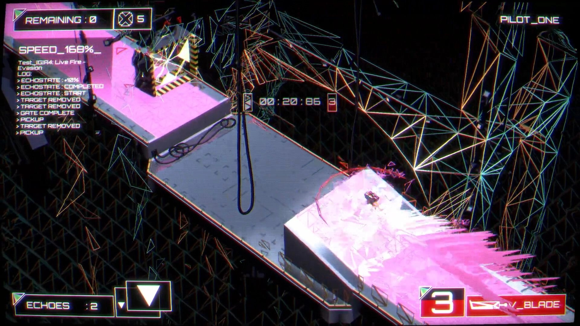 Echobreaker: Armored rig dashes along floating platforms, timer and SPEED_160% HUD in neon wireframe void.