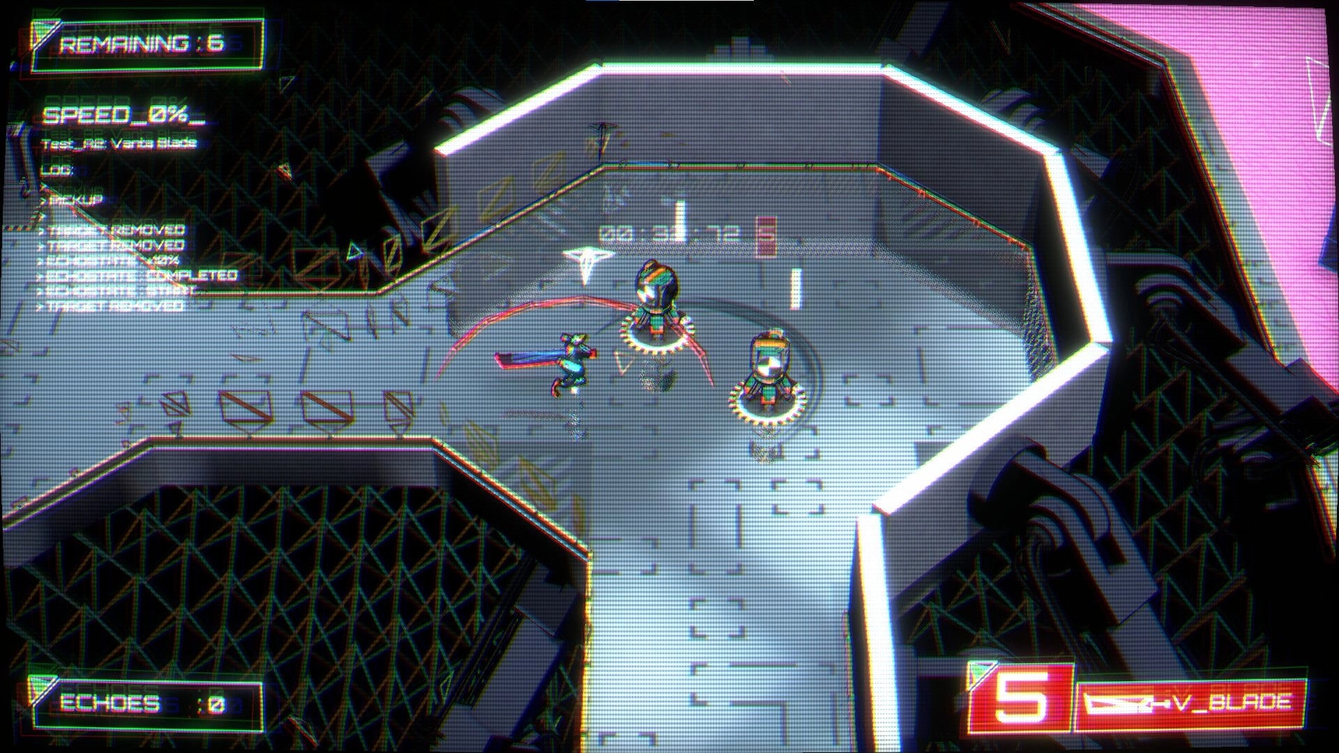 Echobreaker: Rig slashes two turret bots in neon corridor, UI shows Remaining 65 and V_BLADE 5.