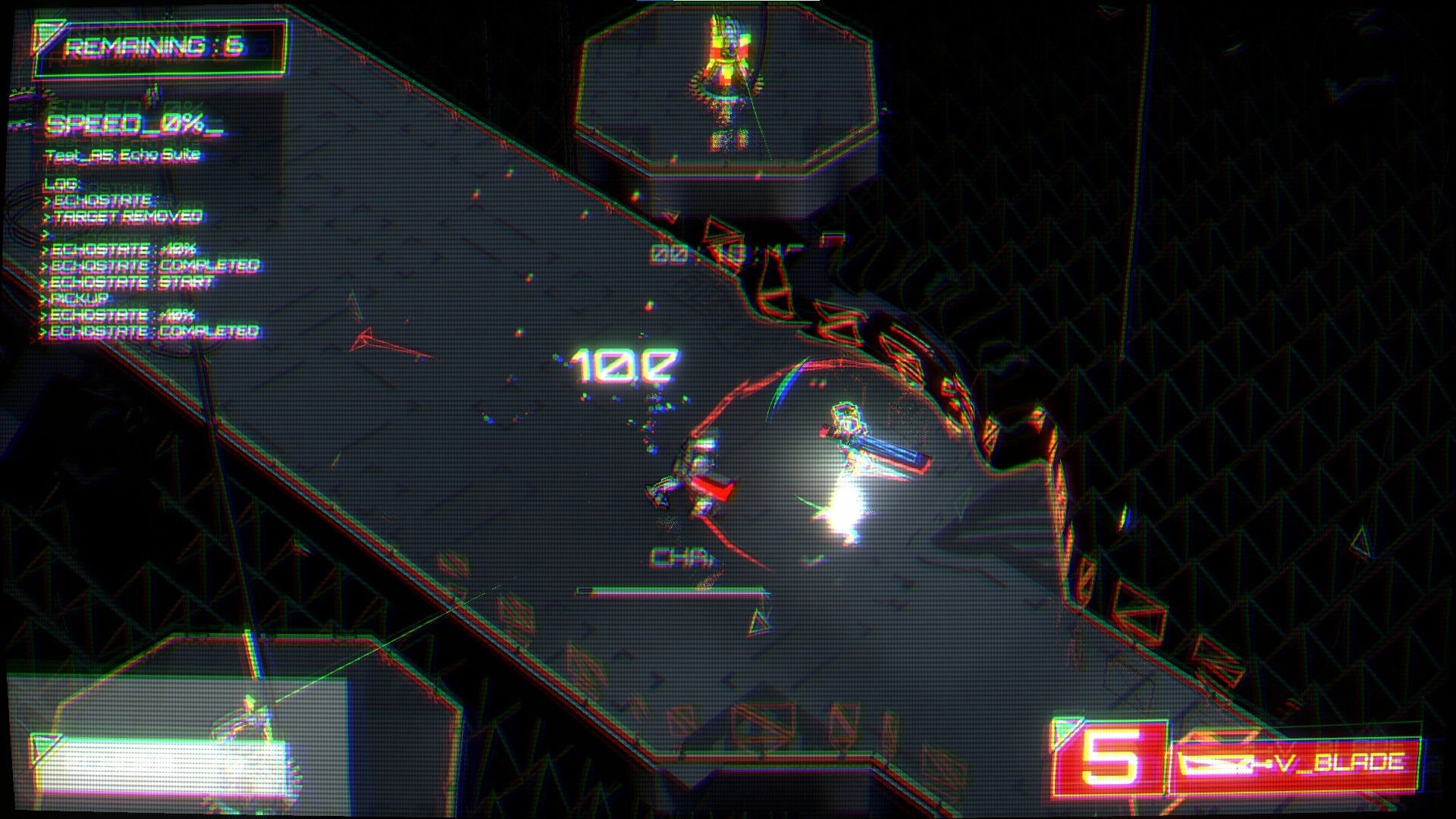 Echobreaker: Top-down rig dashes past glowing foes on dark grid arena, HUD shows remaining 6 and V_BLADE 5.