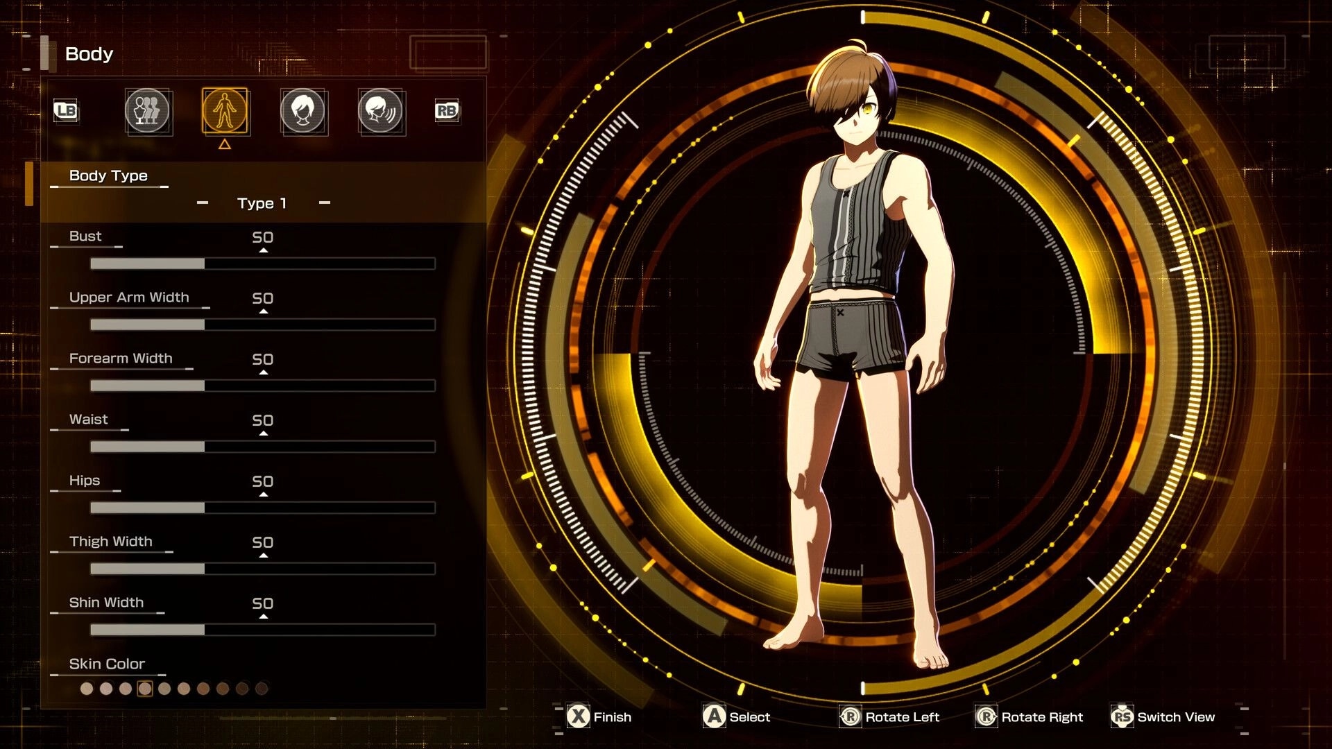 Echoes of Aincrad: Body customization menu with sliders beside a 3D avatar on a golden UI grid.