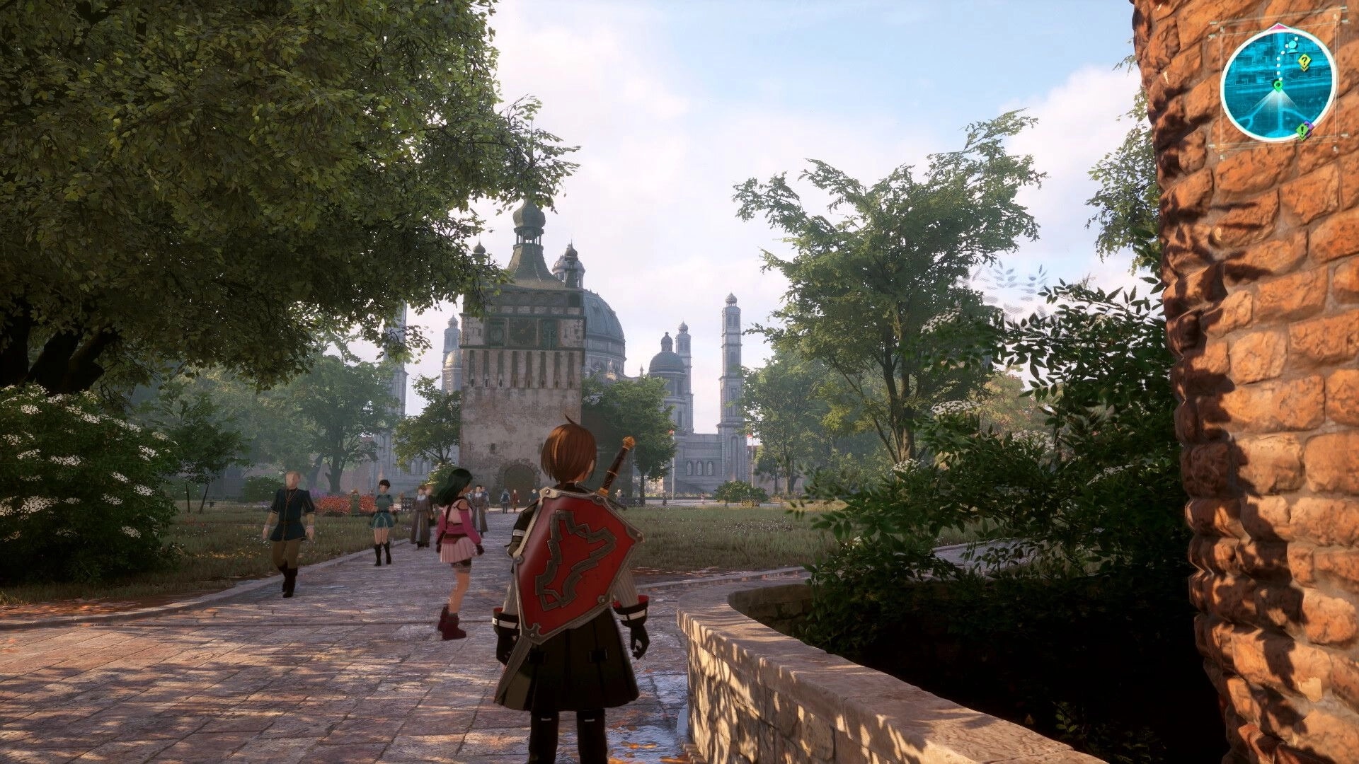 Echoes of Aincrad: Player character with shield walks a tree-lined city path toward a castle, minimap UI visible.