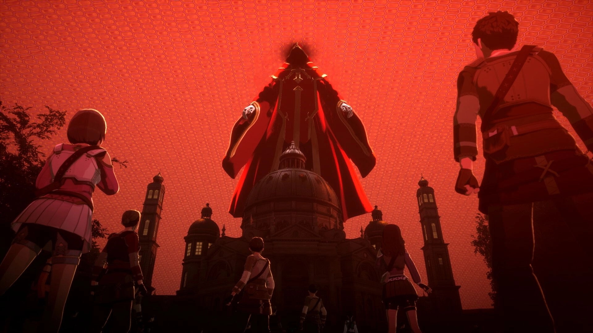 Echoes of Aincrad: Party faces a towering red-cloaked boss above a domed city under red sky.