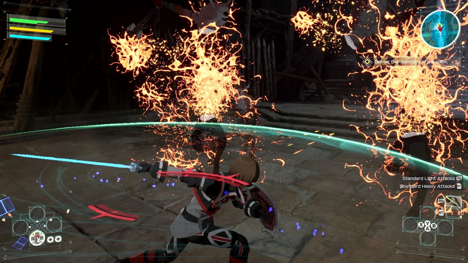 Echoes of Aincrad: Sword fighter slashes amid fiery bursts in a stone arena with quest and minimap UI.