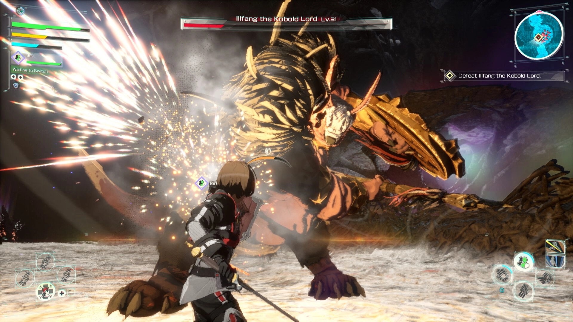 Echoes of Aincrad: Boss fight vs Illfang the Kobold Lord in rocky arena, HP bar and quest UI visible.