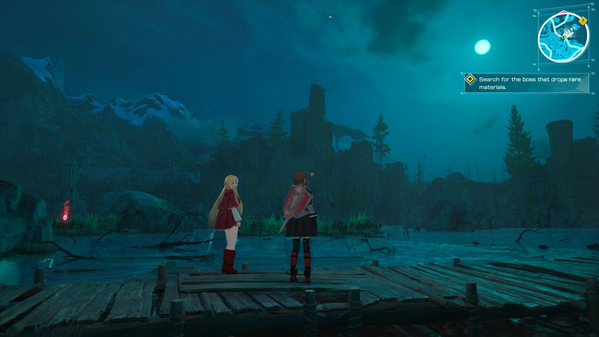 Echoes of Aincrad: Two party members on a dock at night, minimap and quest prompt over ruins.