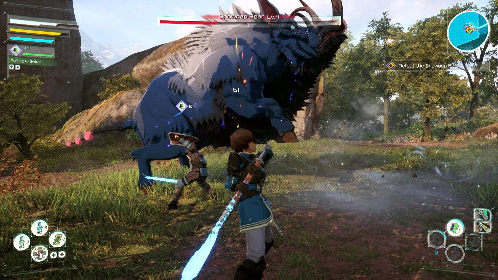 Echoes of Aincrad: Two sword fighters battle Snowcap Boar Lv.4 in a grassy forest clearing with HUD.